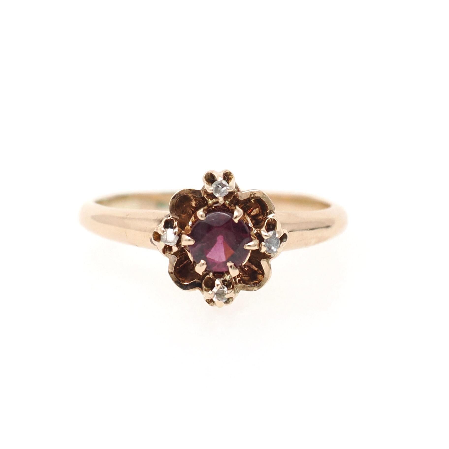 Antique Garnet Ring - Victorian 10k Rosy Yellow Gold .03 CTW Rose Cut Diamond Cluster - Circa 1890s Size 5 Rhodolite Gemstone Fine Jewelry