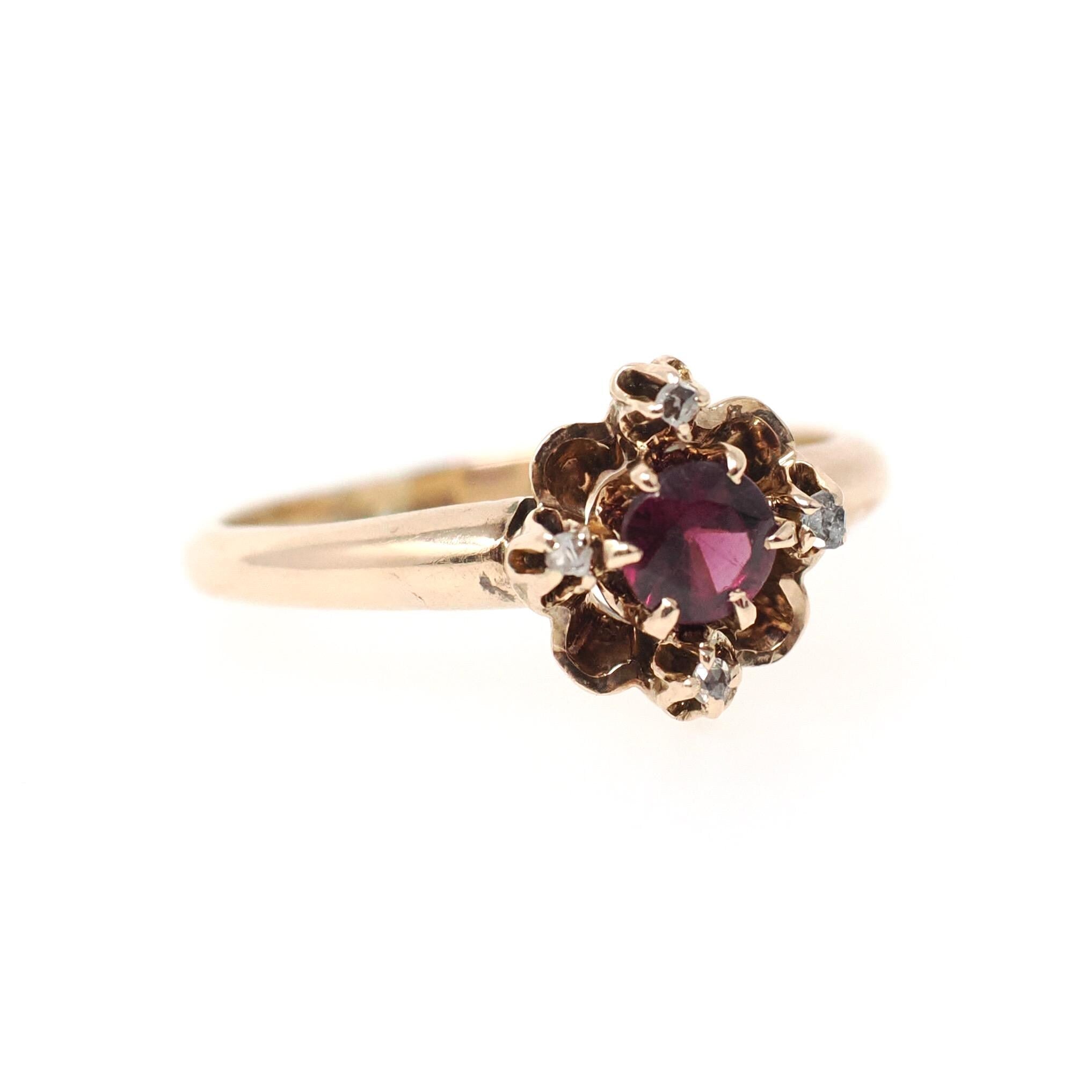 Antique Garnet Ring - Victorian 10k Rosy Yellow Gold .03 CTW Rose Cut Diamond Cluster - Circa 1890s Size 5 Rhodolite Gemstone Fine Jewelry
