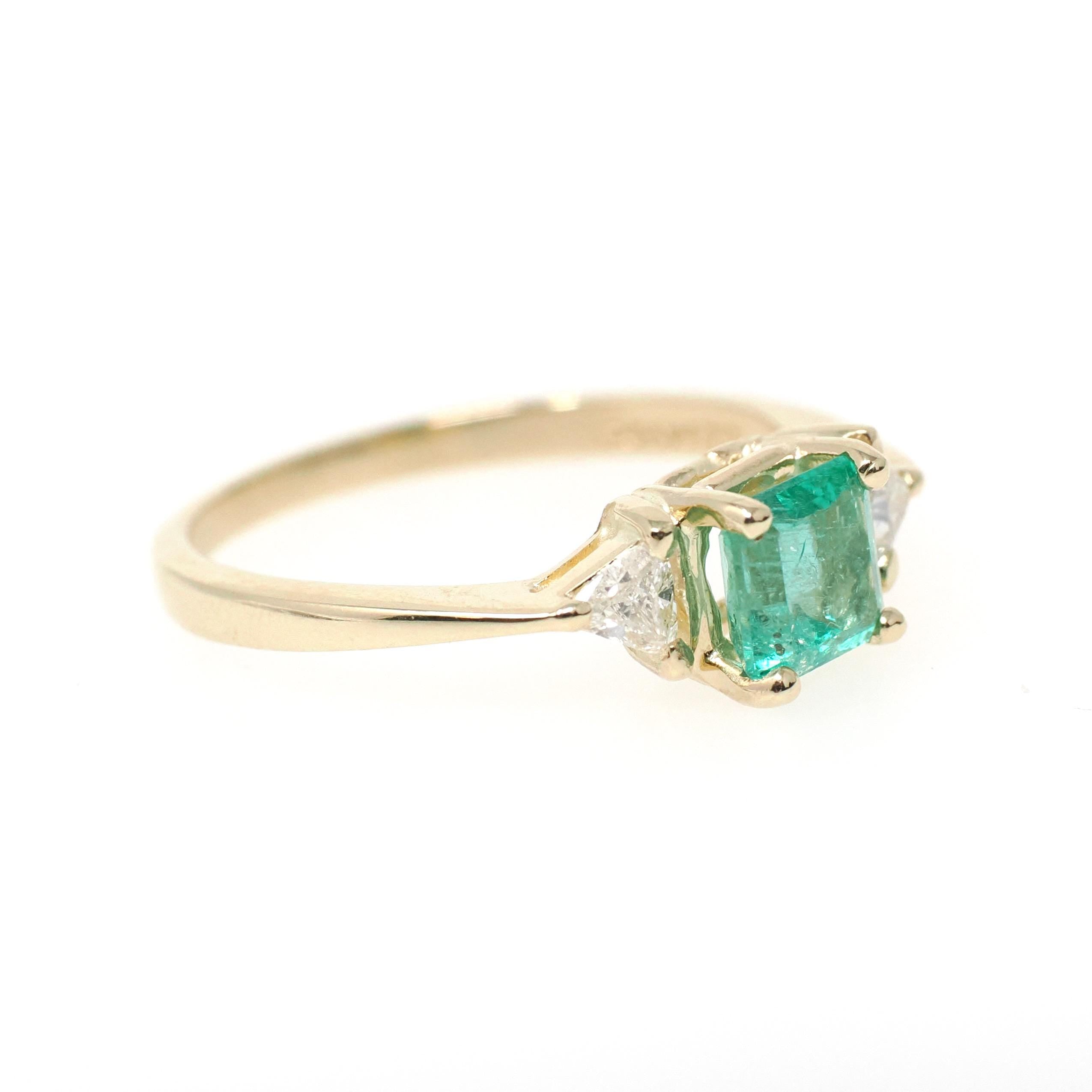 Emerald & Diamond Engagement Ring - Estate 14k Yellow Gold Three Stone Trillion Accent - Modern 2000s Era Size 8 May Birthstone Fine Jewelry