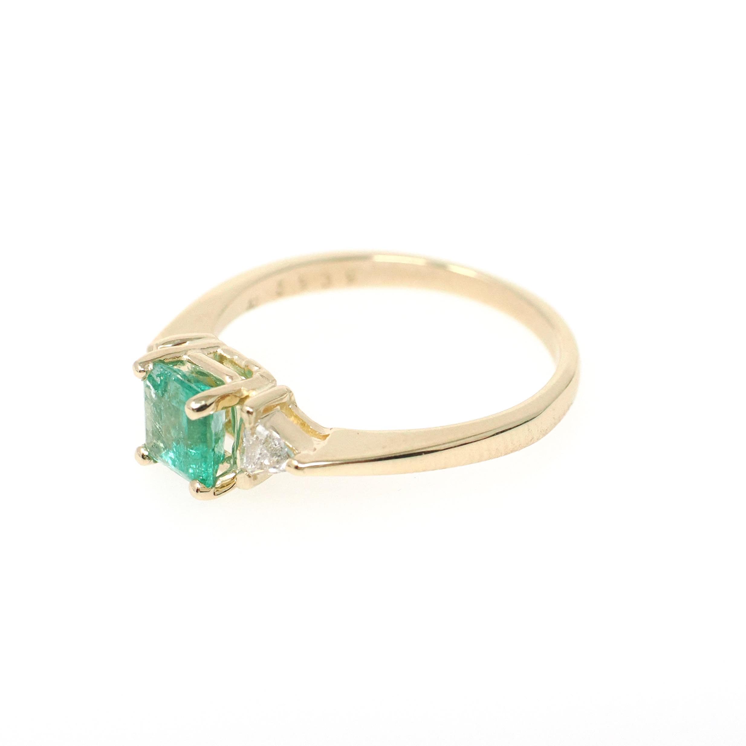 Emerald & Diamond Engagement Ring - Estate 14k Yellow Gold Three Stone Trillion Accent - Modern 2000s Era Size 8 May Birthstone Fine Jewelry