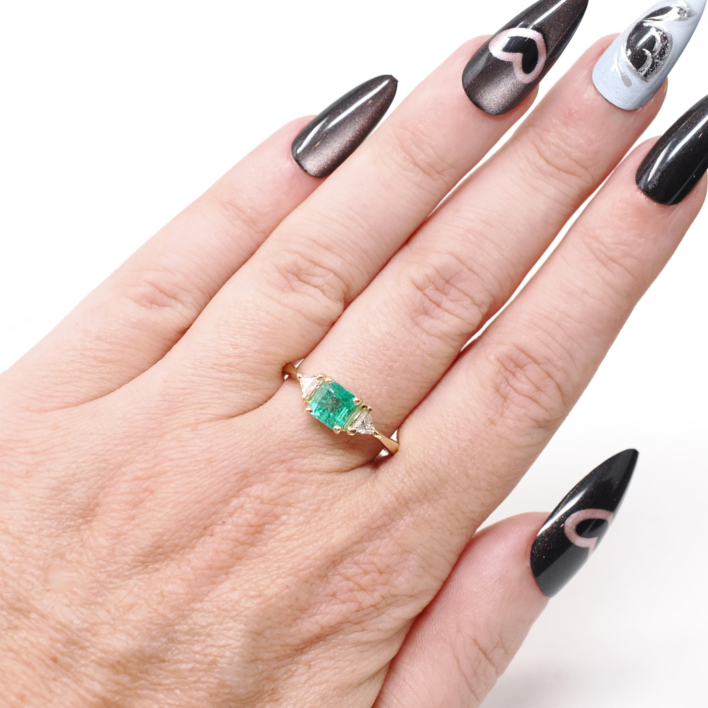 Emerald & Diamond Engagement Ring - Estate 14k Yellow Gold Three Stone Trillion Accent - Modern 2000s Era Size 8 May Birthstone Fine Jewelry