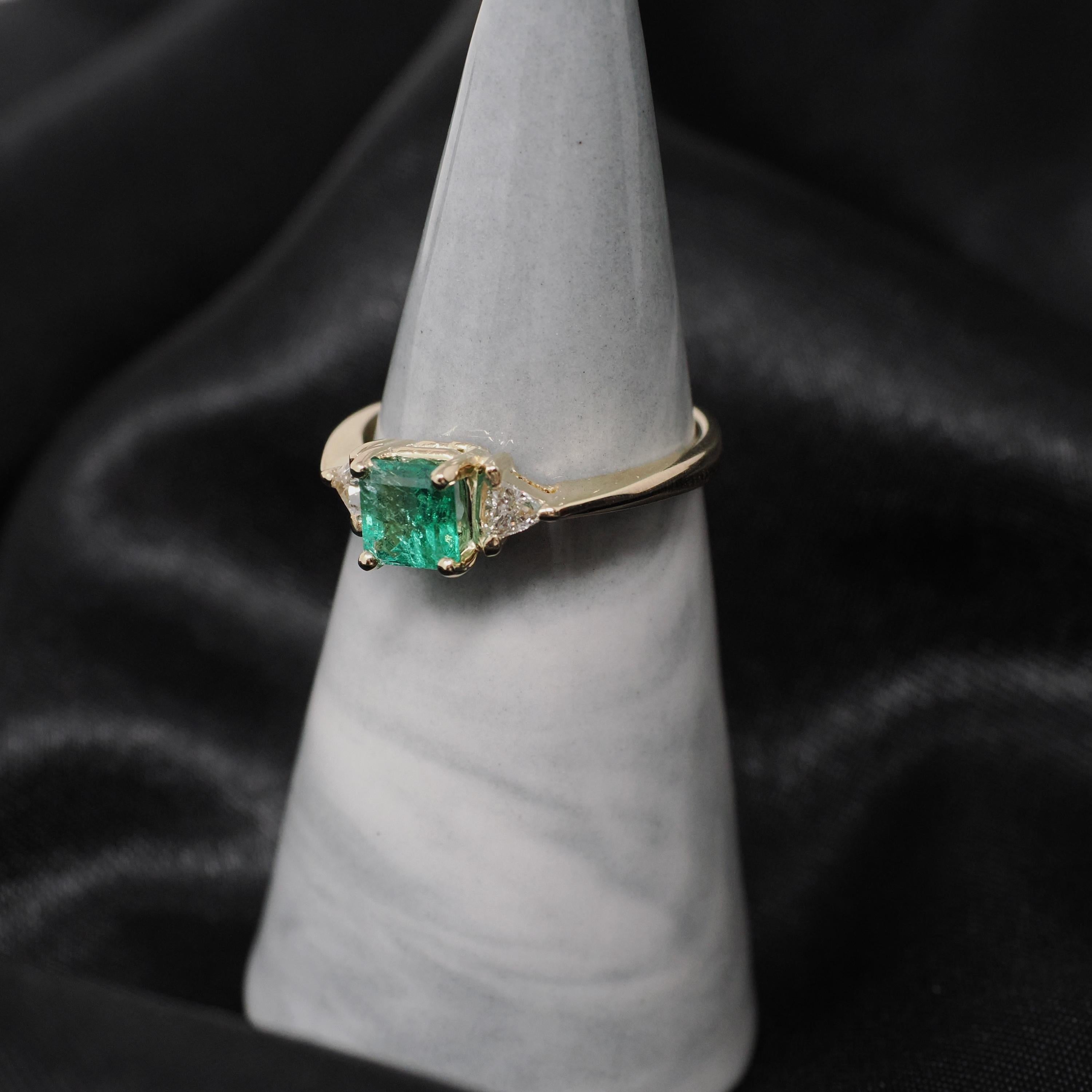 Emerald & Diamond Engagement Ring - Estate 14k Yellow Gold Three Stone Trillion Accent - Modern 2000s Era Size 8 May Birthstone Fine Jewelry