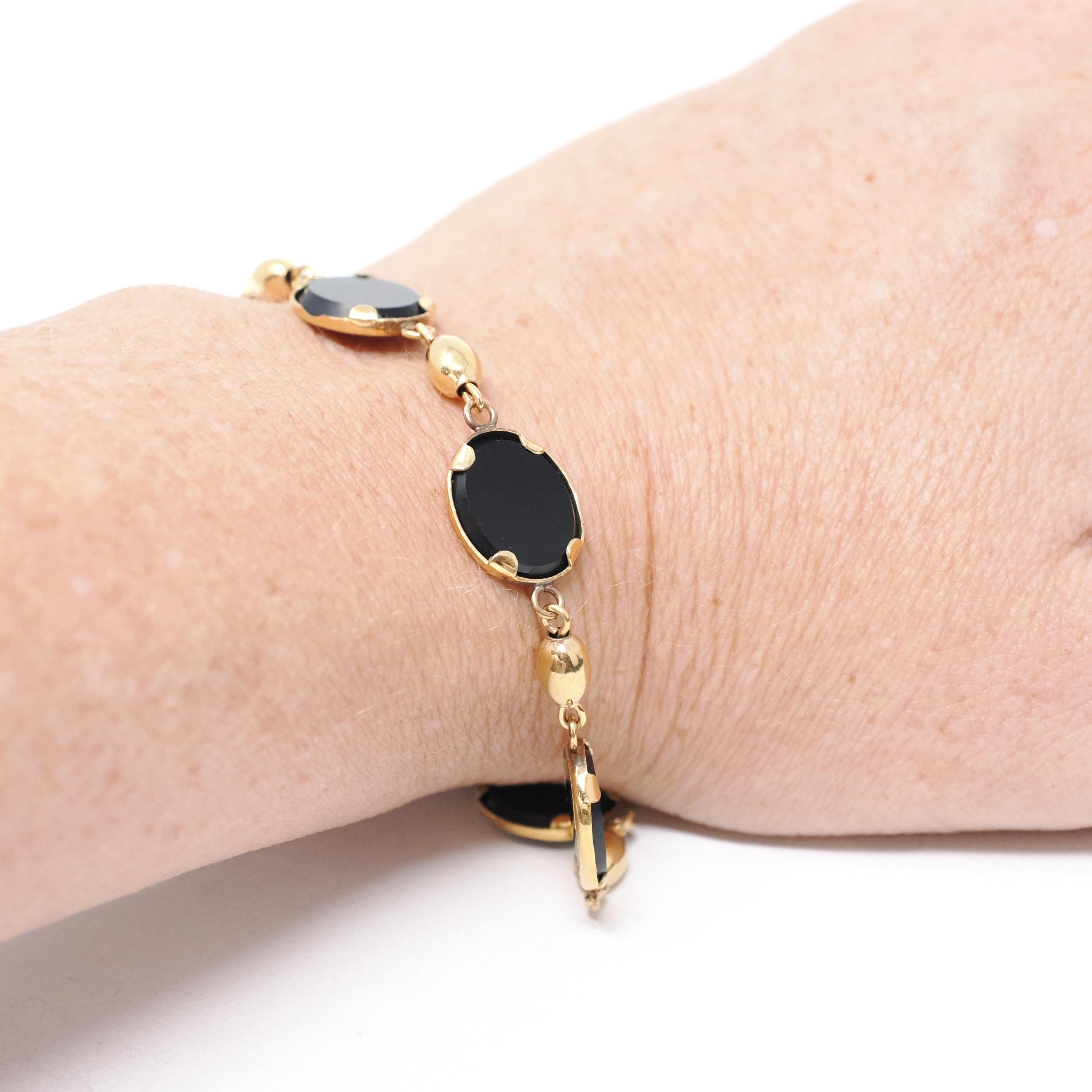 Vintage Onyx Bracelet - Mid Century 12k Gold Filled Natural Oval Black Chalcedony Gemstones - Circa 1960s Era 7 1/2 Inches Statement Jewelry