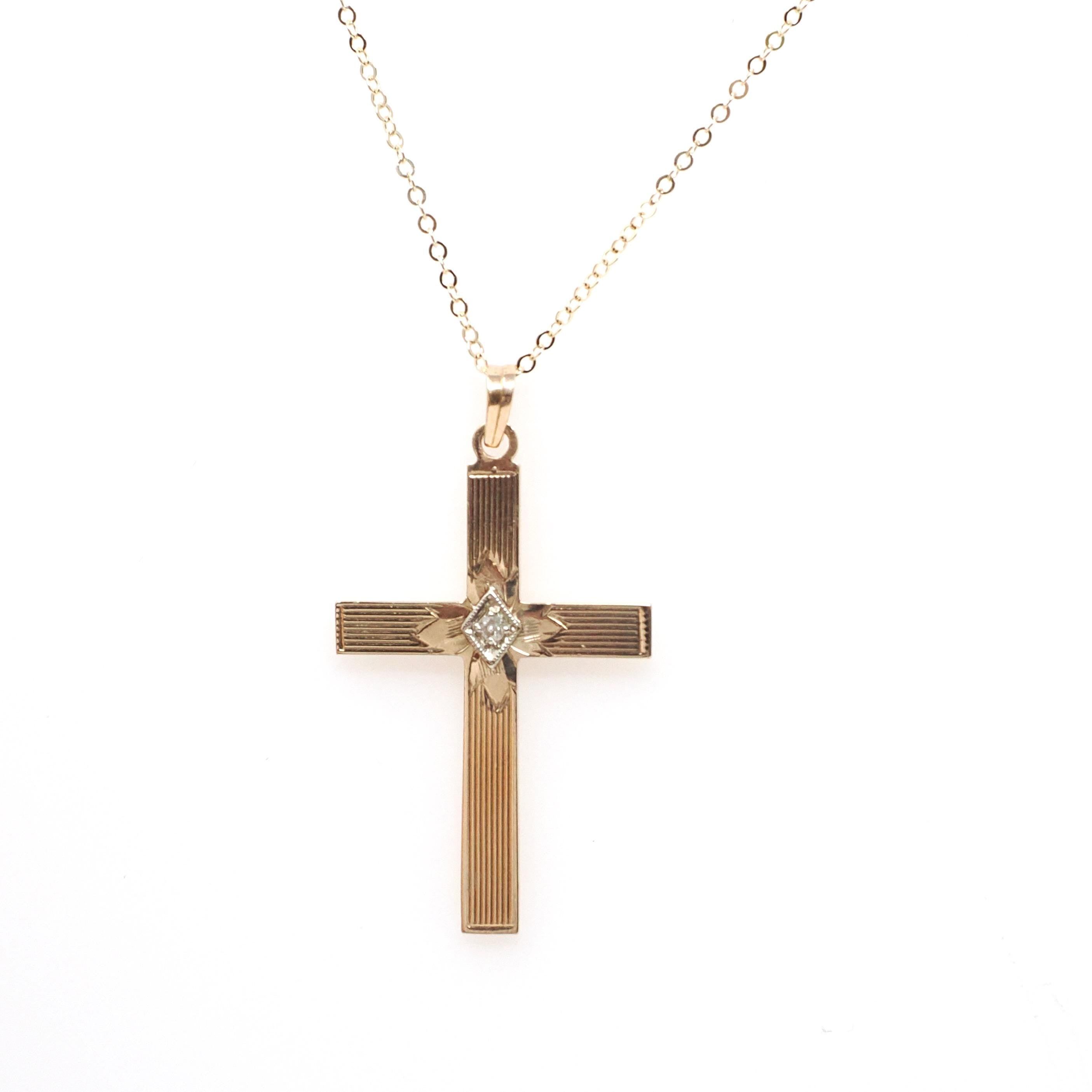Vintage Cross Necklace - Retro 14k Yellow & White Gold Natural .02 CT Diamond Pendant - Circa 1940s Era Religious Faith Fine 40s Jewelry
