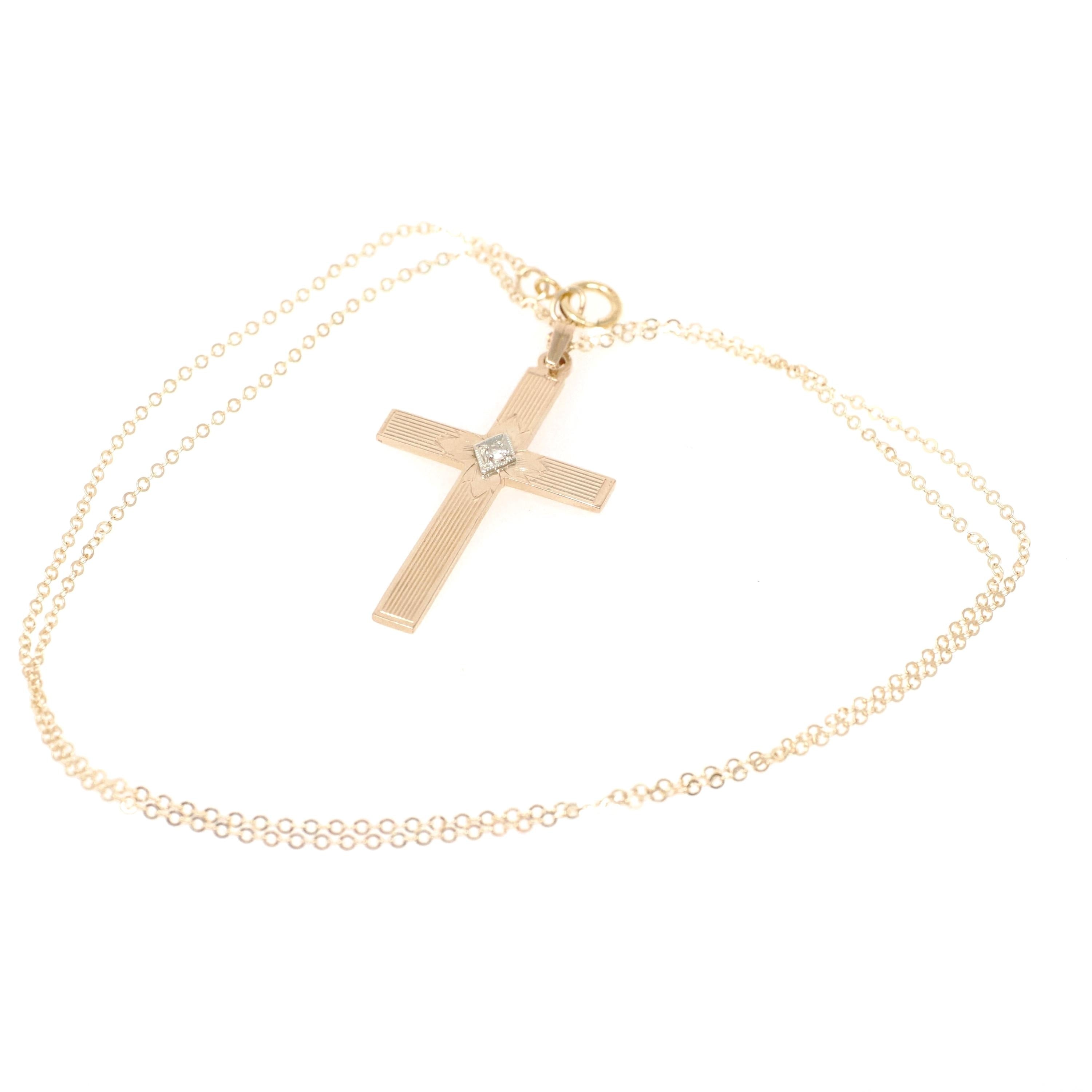Vintage Cross Necklace - Retro 14k Yellow & White Gold Natural .02 CT Diamond Pendant - Circa 1940s Era Religious Faith Fine 40s Jewelry
