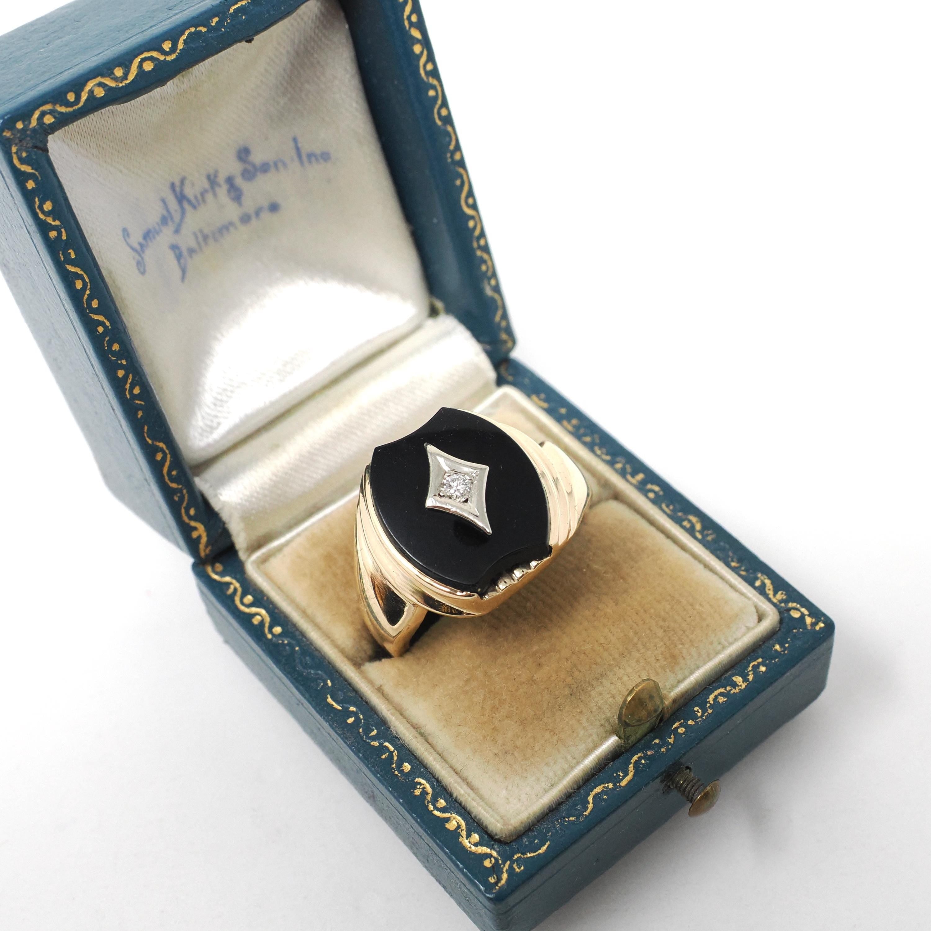 Vintage Onyx Ring - Mid Century 10k Yellow Gold Black Chalcedony Gemstone & Diamond Statement - Circa 1950s Era Size 8 1/2 Fine 50s Jewelry