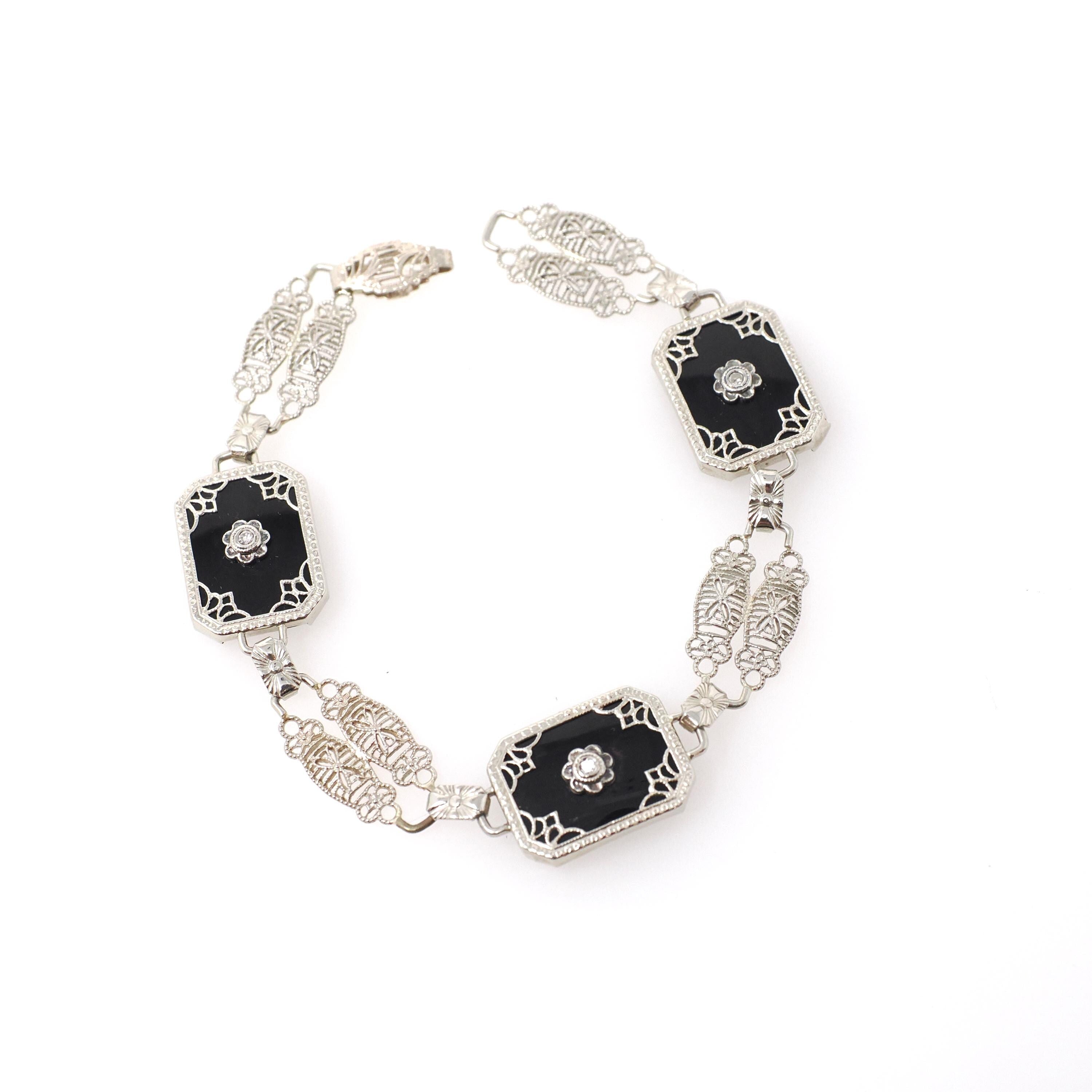 Onyx Filigree Bracelet - Art Deco Era 14k White Gold Black Chalcedony Panel Links - Circa 1930s Era 6 1/2 Inch Diamond Accent Fine Jewelry