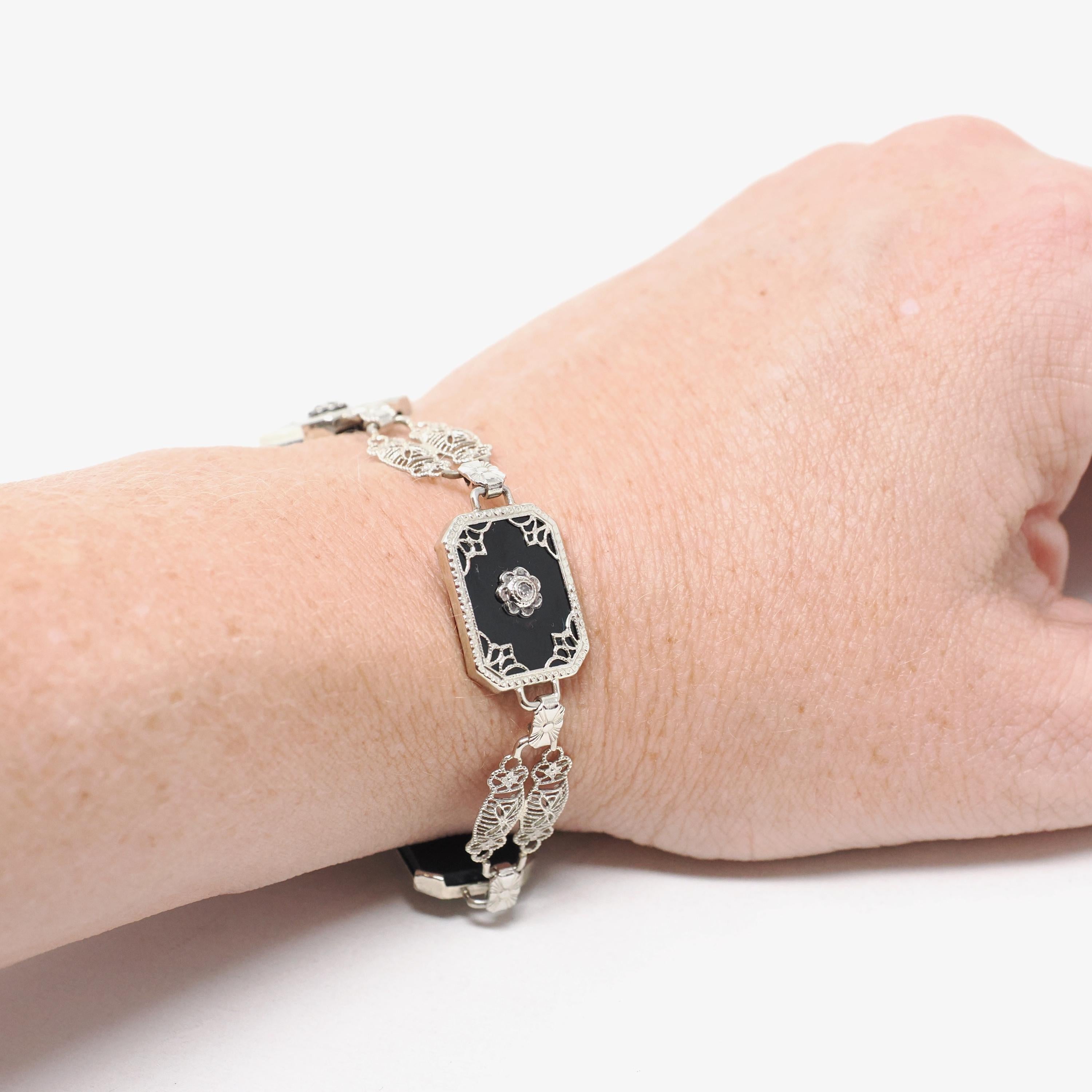 Onyx Filigree Bracelet - Art Deco Era 14k White Gold Black Chalcedony Panel Links - Circa 1930s Era 6 1/2 Inch Diamond Accent Fine Jewelry