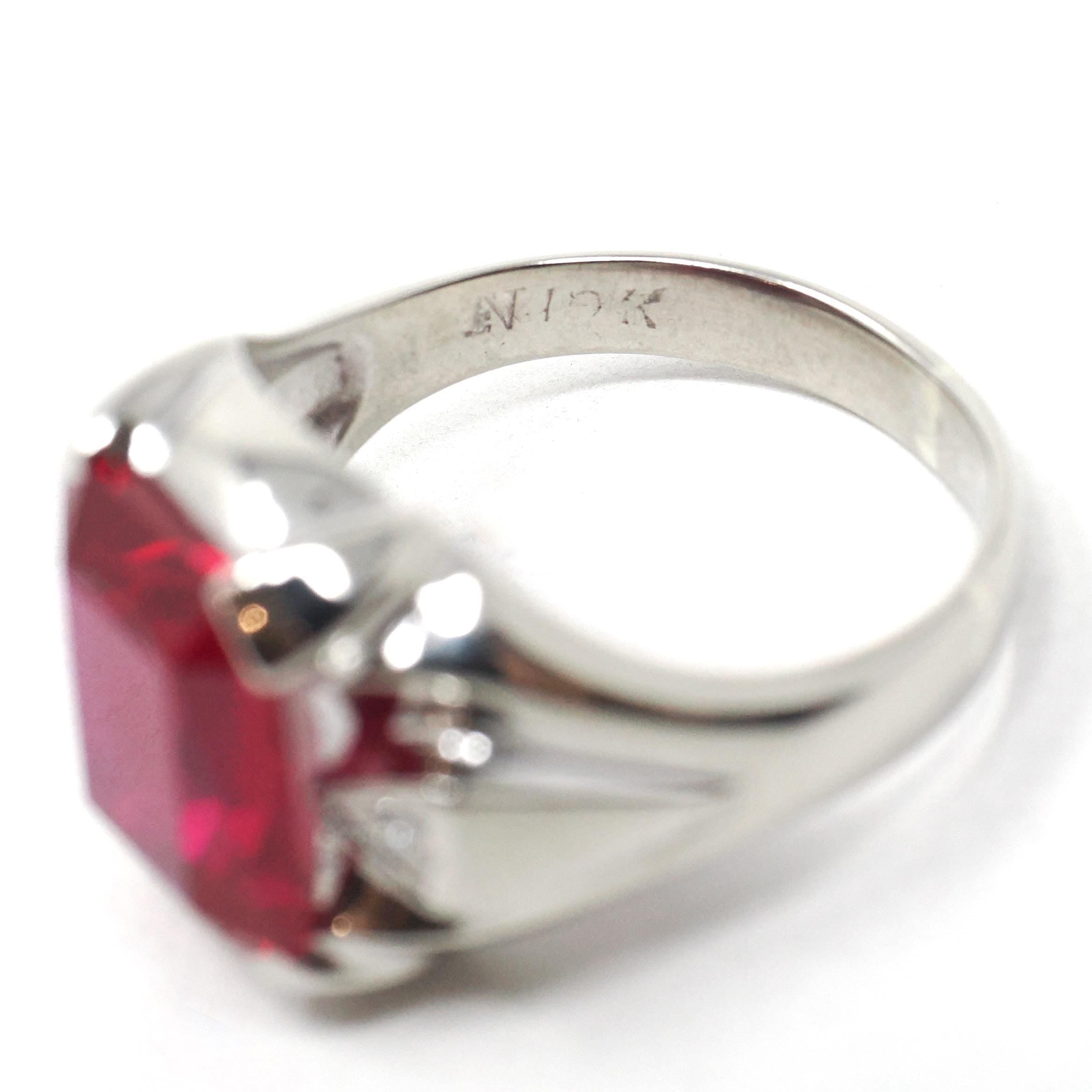 Created Ruby Ring - Vintage 10k White Gold Three Stone Unisex Red Gemstone - Circa 1950s Size 9 Diamond Accent July Birthstone Jewelry