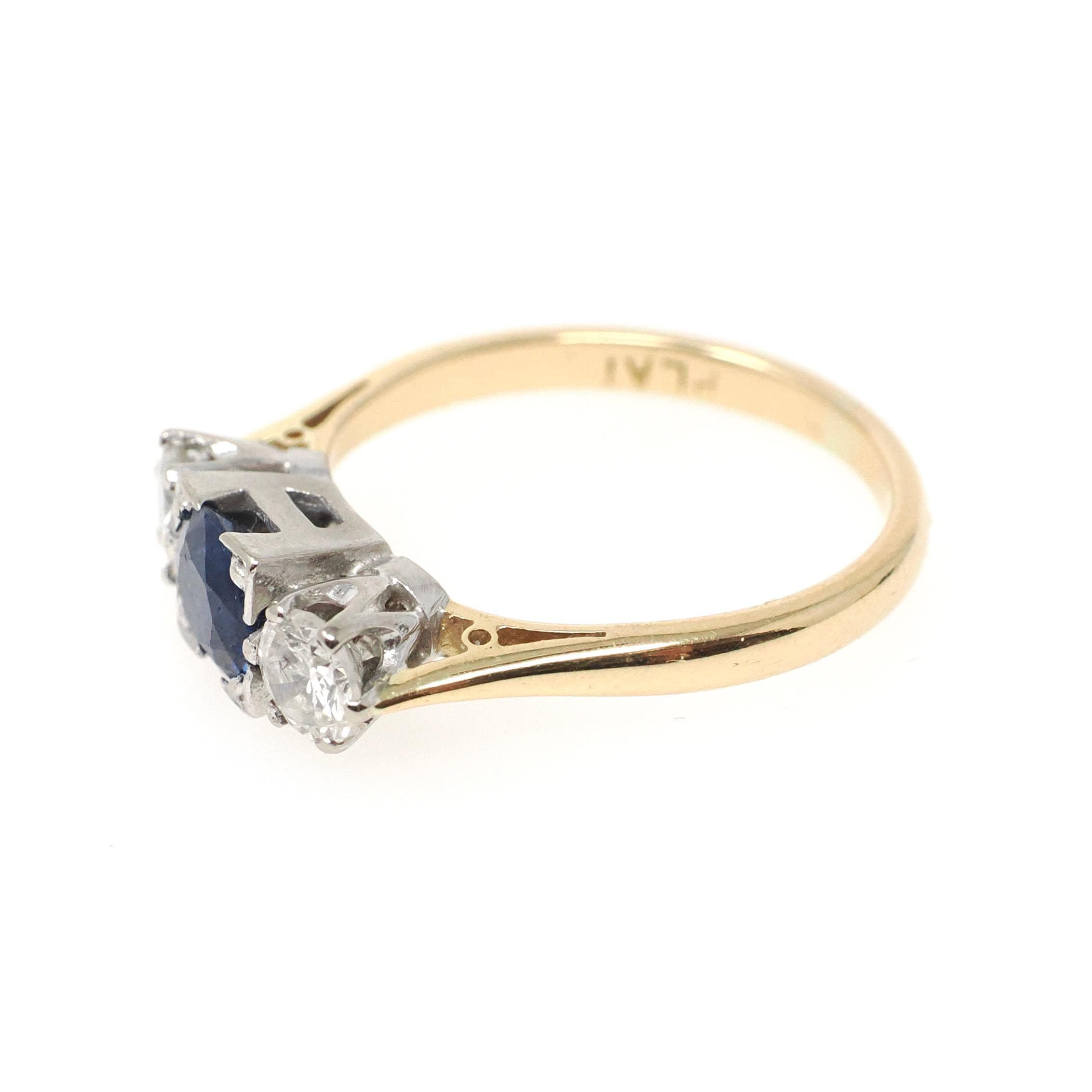 Vintage Sapphire & Diamond Ring - Mid Century 18k Yellow Gold Platinum Natural Three Stone - Circa 1950s Size 5 3/4 Fine Anniversary Jewelry