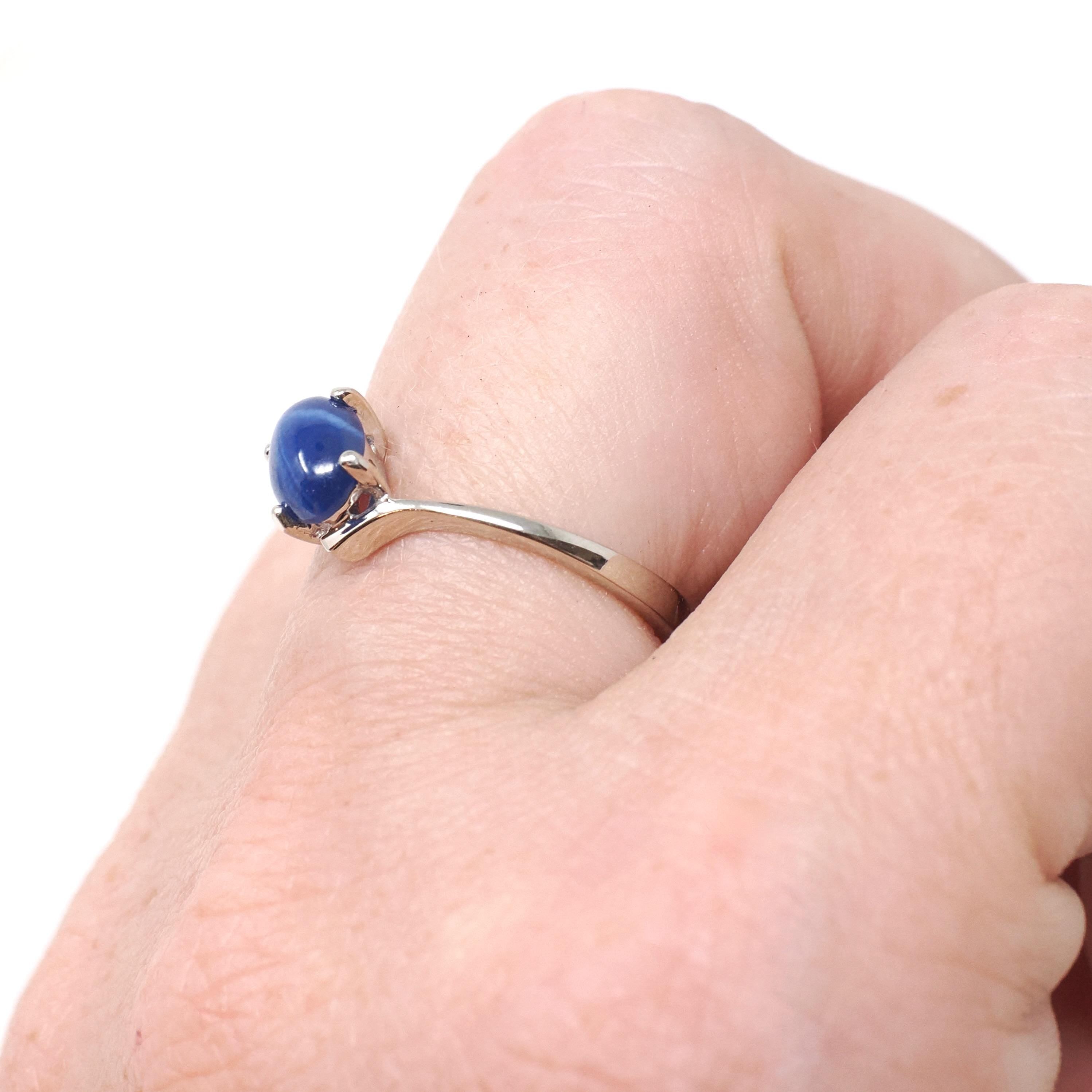 Created Star Sapphire Ring - Modern 14k White Gold Blue Cabochon Bypass Solitaire - Circa 1990s Size 5 1/4 September Birthstone Fine Jewelry
