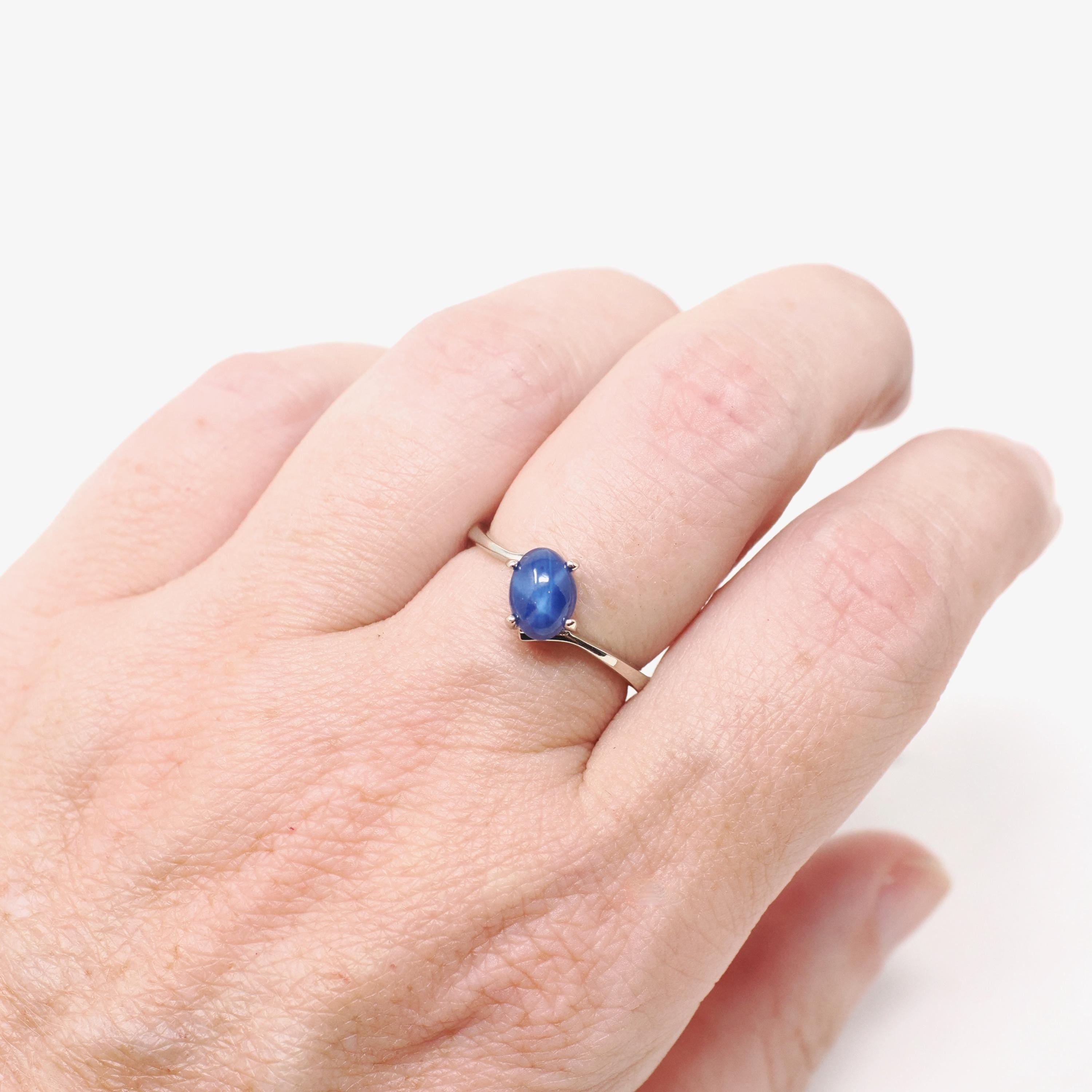 Created Star Sapphire Ring - Modern 14k White Gold Blue Cabochon Bypass Solitaire - Circa 1990s Size 5 1/4 September Birthstone Fine Jewelry