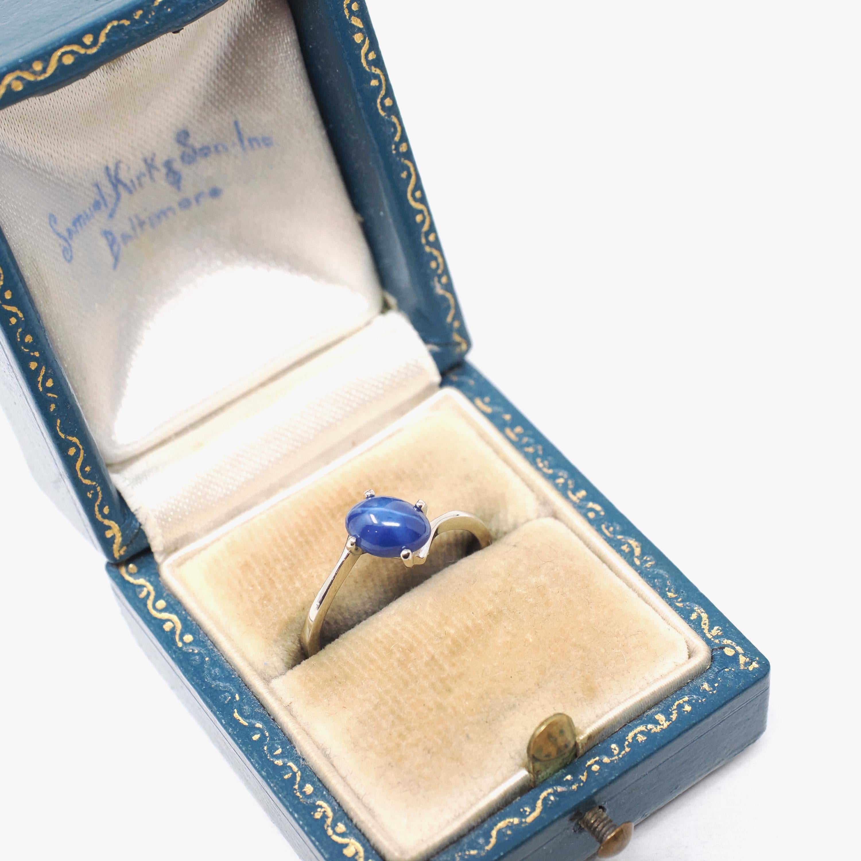 Created Star Sapphire Ring - Modern 14k White Gold Blue Cabochon Bypass Solitaire - Circa 1990s Size 5 1/4 September Birthstone Fine Jewelry
