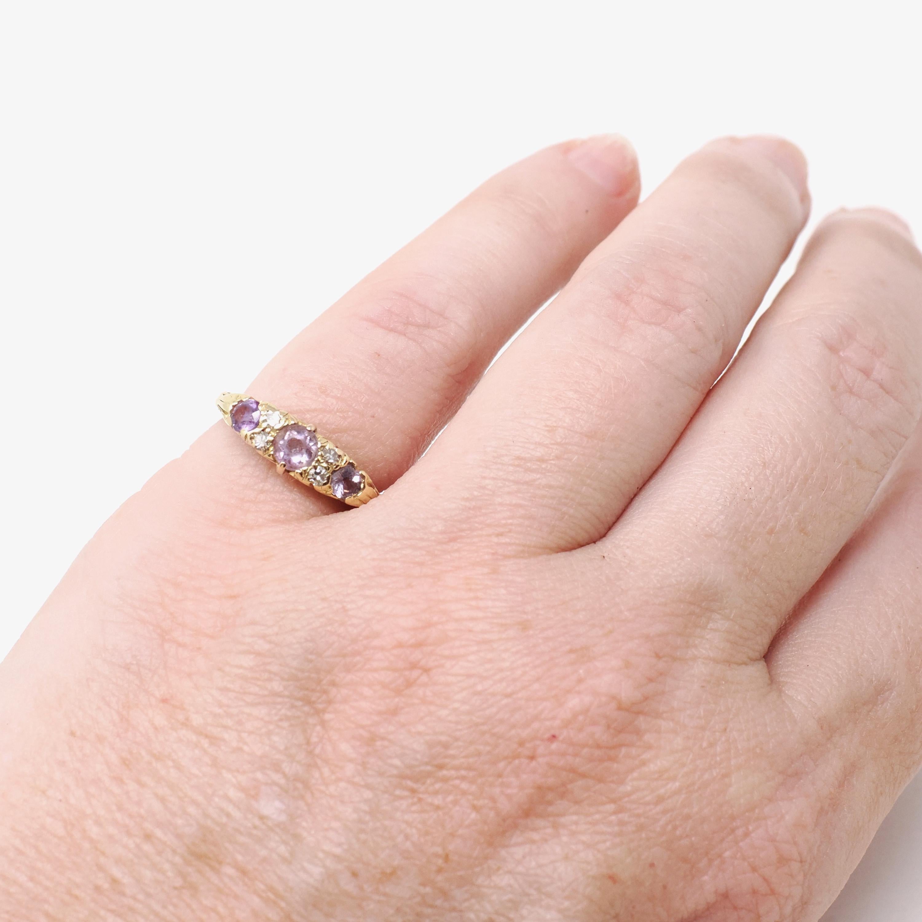 Vintage Amethyst Ring - Mid Century Era 18k Yellow Gold Natural Purple Gemstones - Hallmarked 1960 Size 3 3/4 Diamond Accents Fine Jewelry