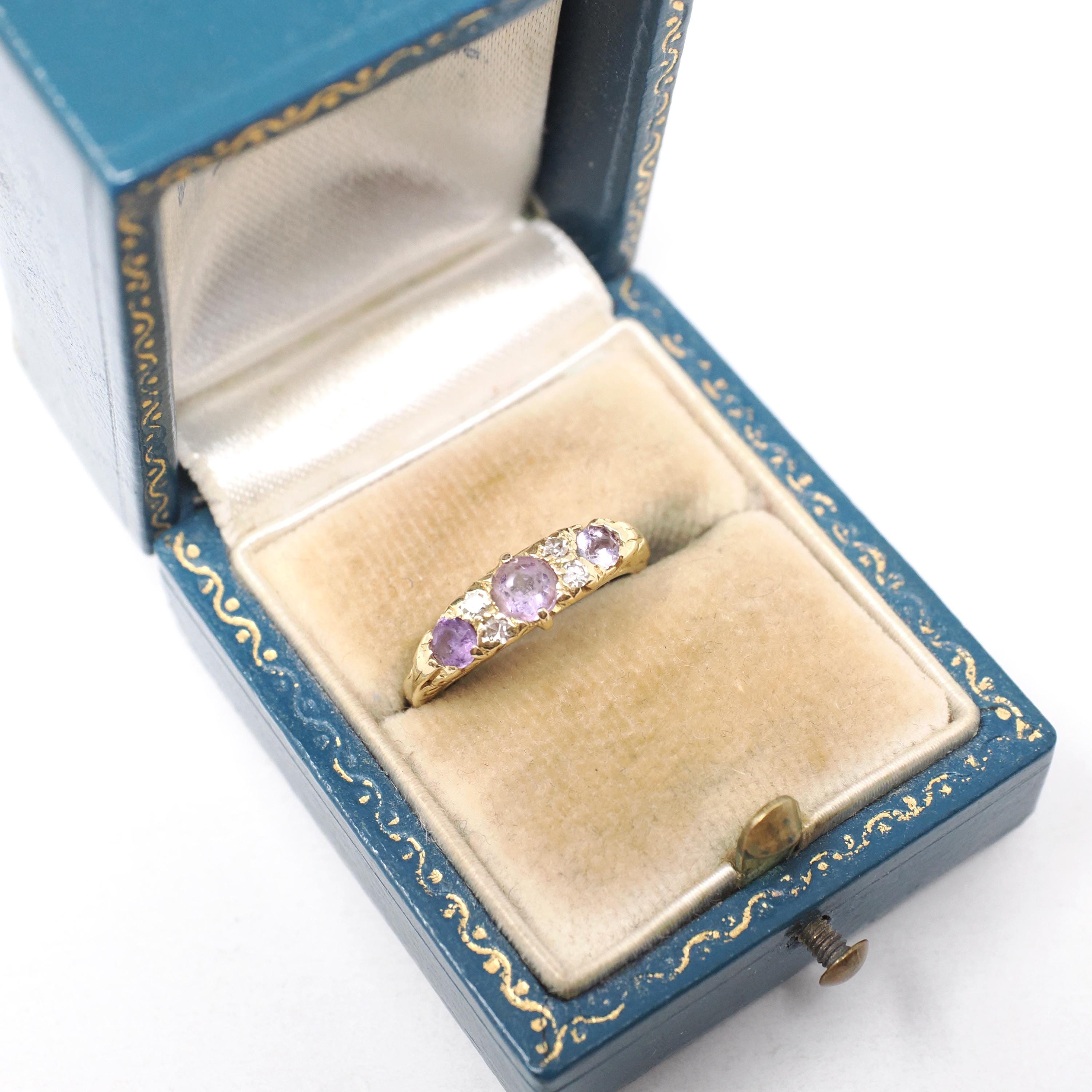 Vintage Amethyst Ring - Mid Century Era 18k Yellow Gold Natural Purple Gemstones - Hallmarked 1960 Size 3 3/4 Diamond Accents Fine Jewelry