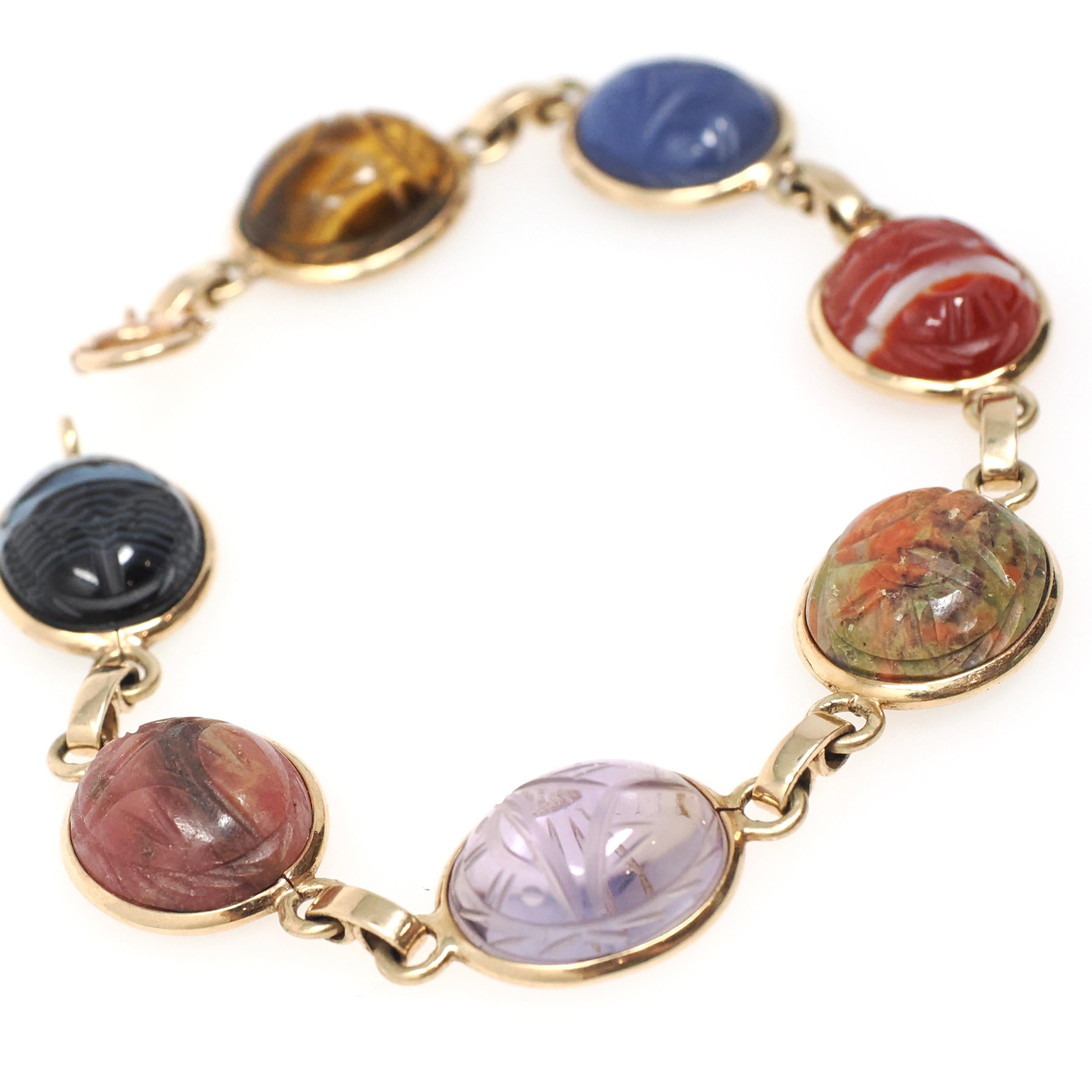 Vintage Scarab Bracelet - Retro 10k Yellow Gold Carved Natural Gemstones - Circa 1960s Era Egyptian Revival Style Panel Statement Jewelry