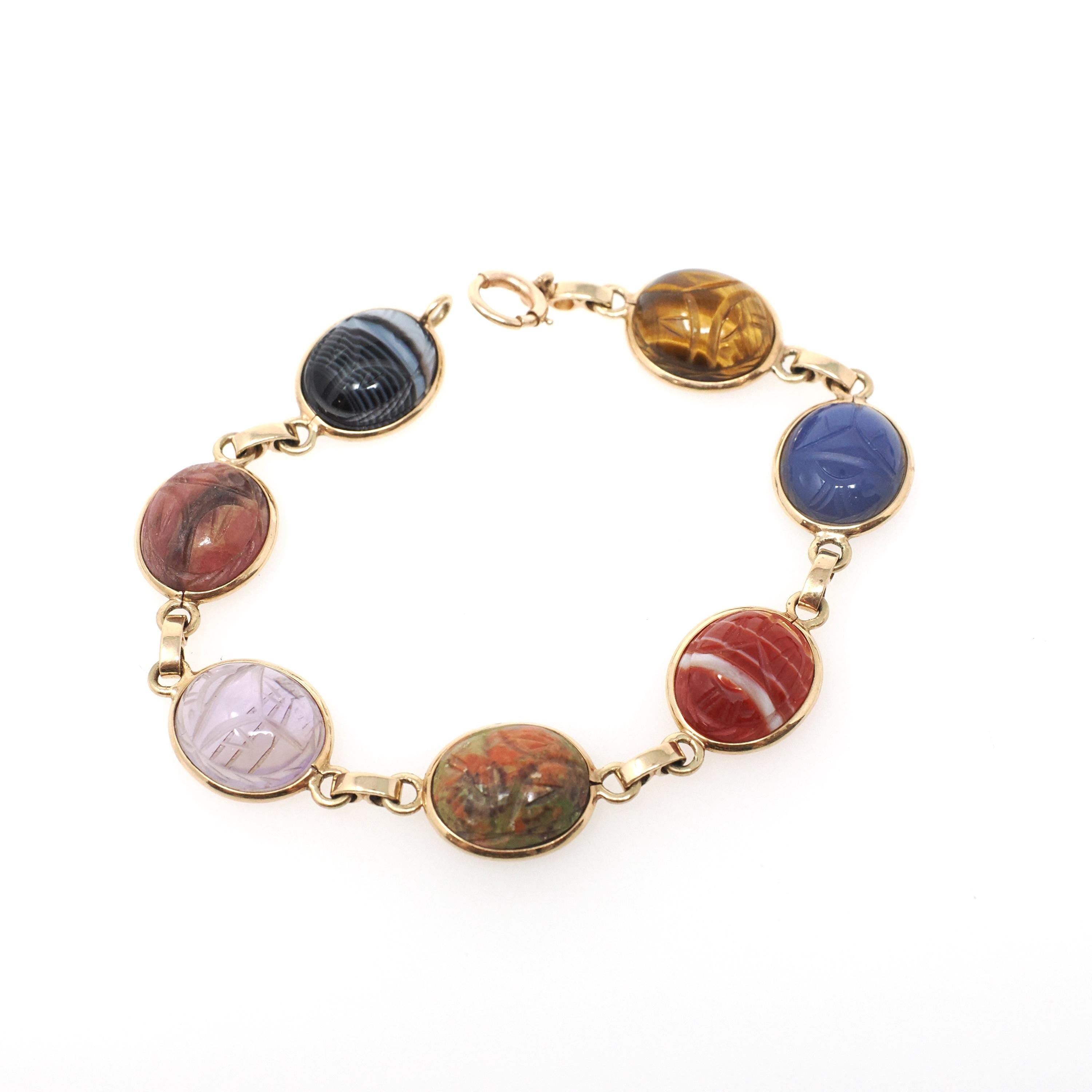 Vintage Scarab Bracelet - Retro 10k Yellow Gold Carved Natural Gemstones - Circa 1960s Era Egyptian Revival Style Panel Statement Jewelry
