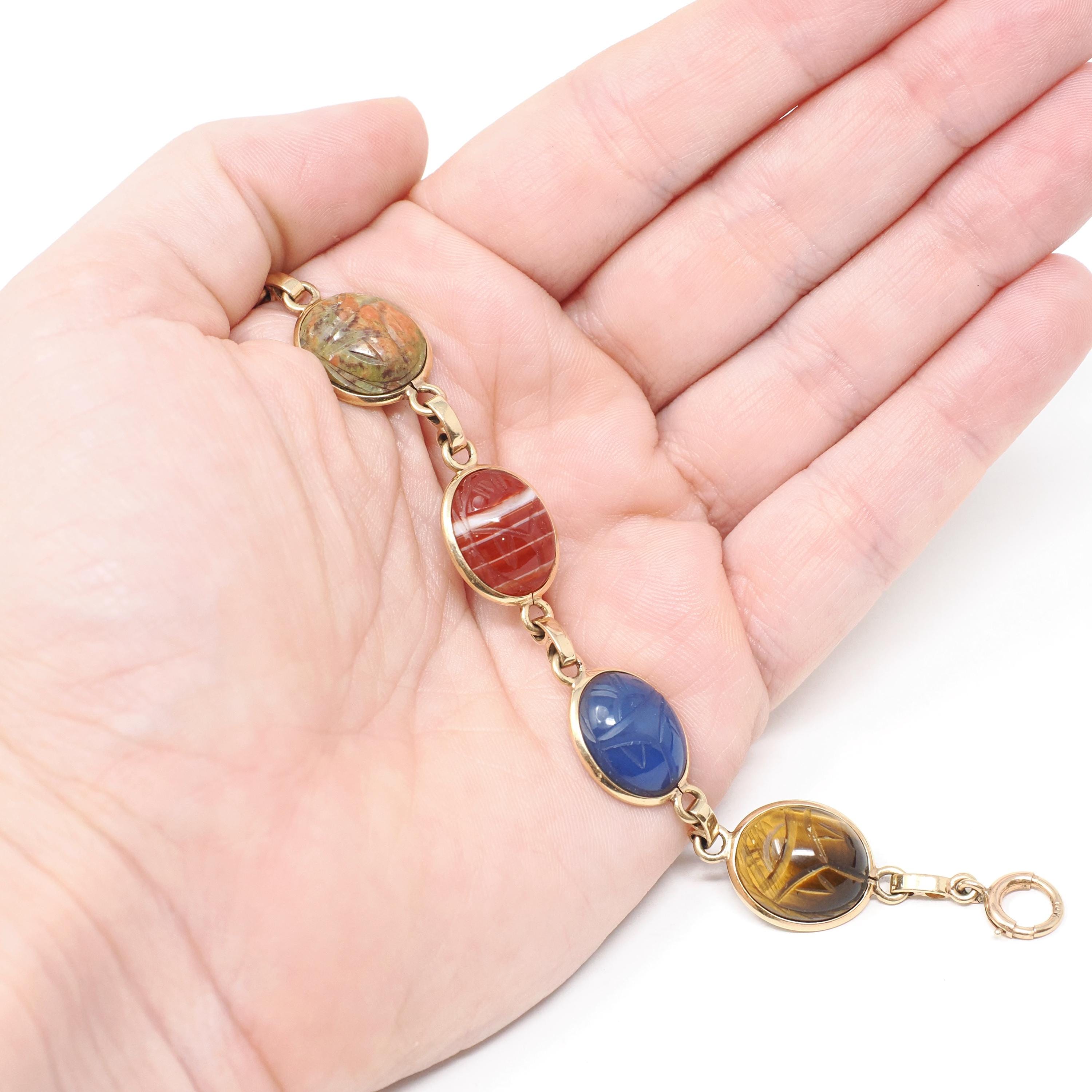 Vintage Scarab Bracelet - Retro 10k Yellow Gold Carved Natural Gemstones - Circa 1960s Era Egyptian Revival Style Panel Statement Jewelry