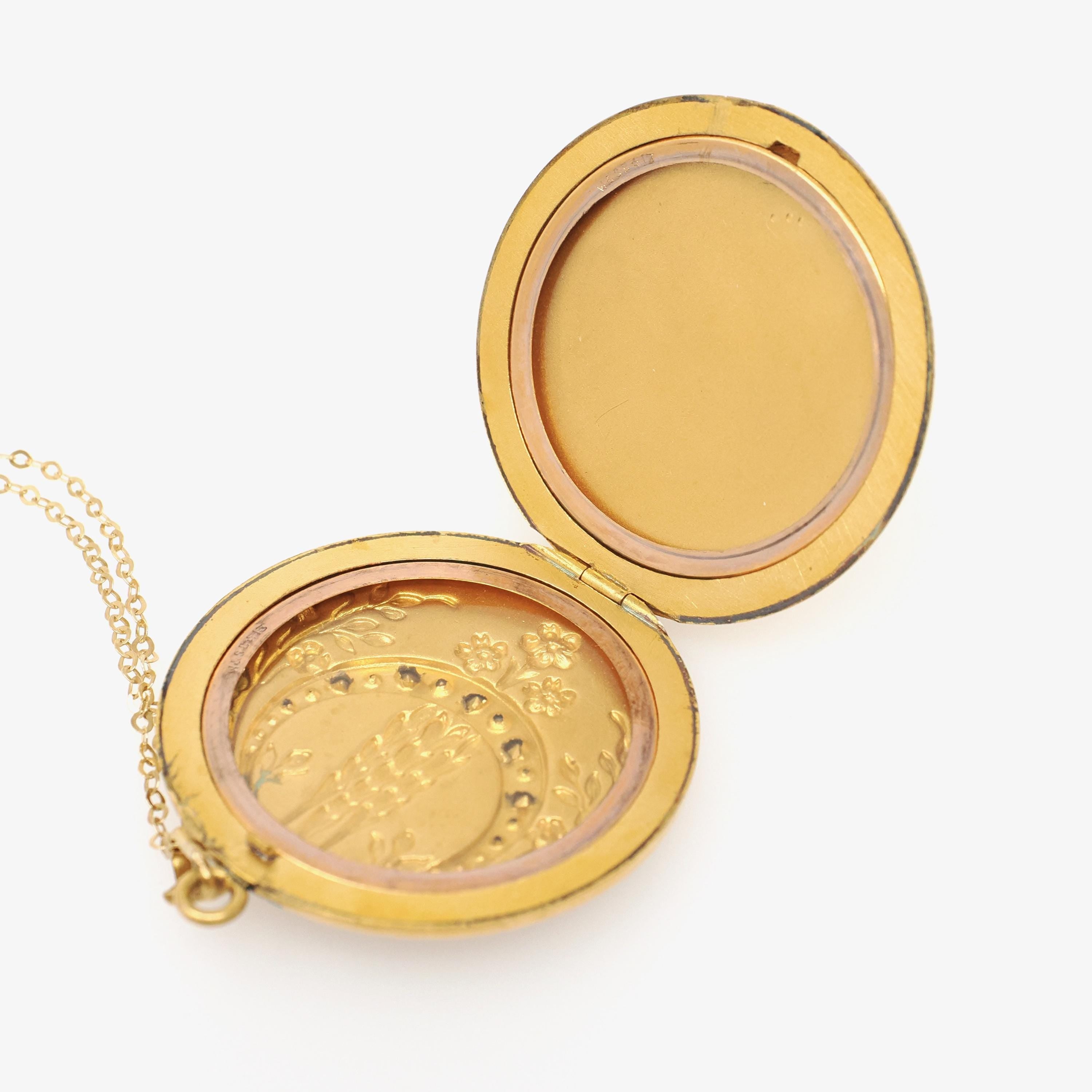 Crescent Moon Locket - Antique Gold Filled Rhinestones Pendant Necklace - Edwardian Era Circa 1900s Celestial Floral Photo Keepsake Jewelry