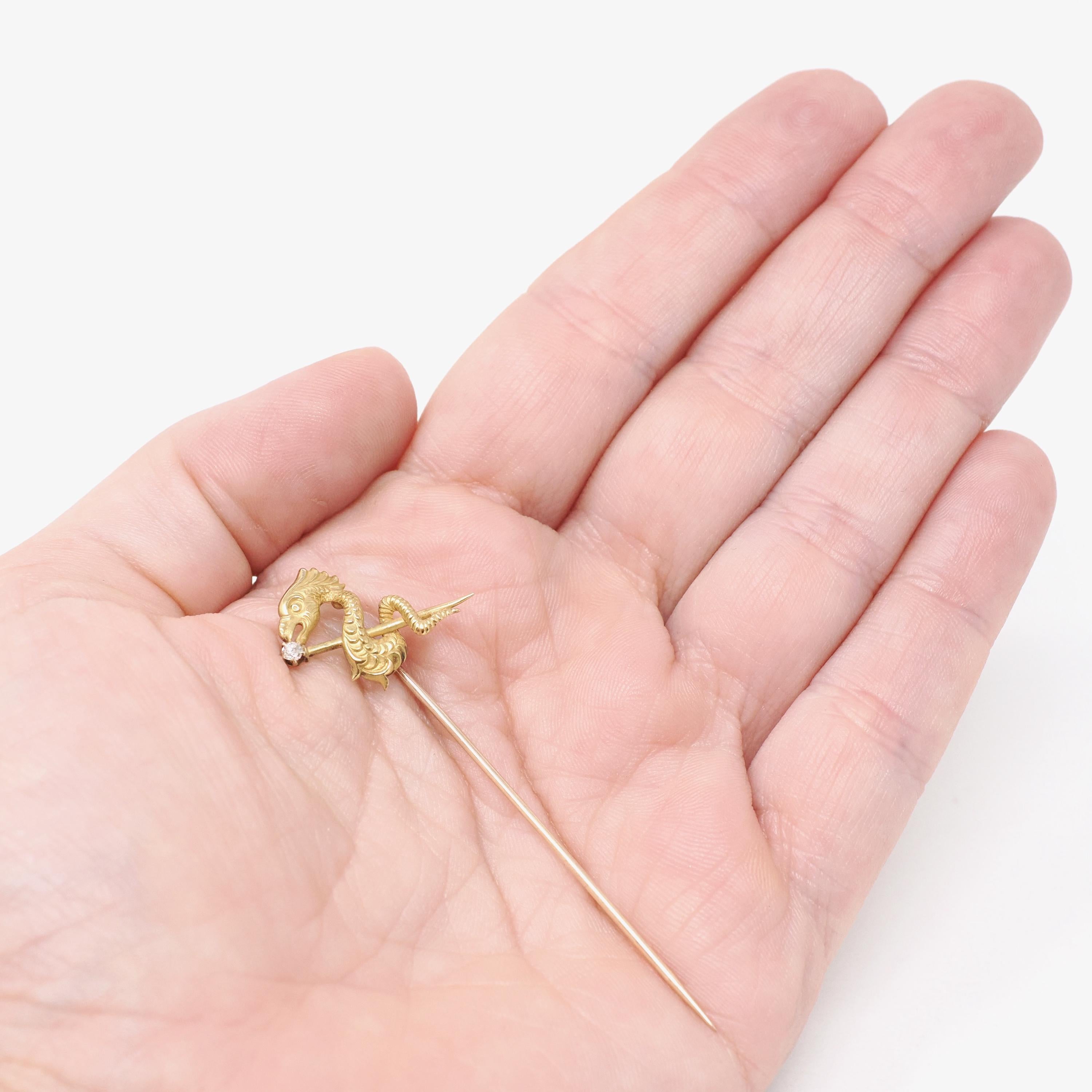 Antique Dragon Stick Pin - Edwardian 14k Yellow Gold Old European Cut Diamond - Vintage 1900s Winged Serpent Mythological Creature Jewelry
