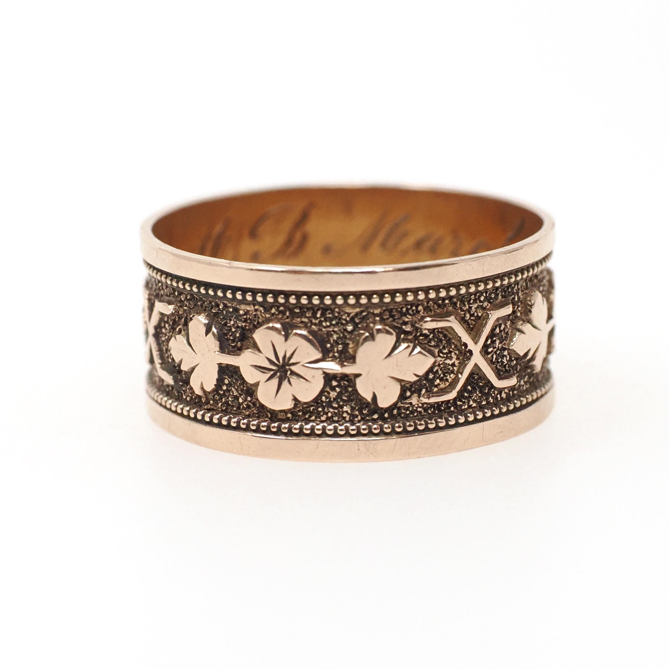 Antique Cigar Band - Victorian 10k Yellow Gold Nature Inspired Design Leaf Flower Wide Ring - Dated 1876 Size 7 Mizpah Unisex Fine Jewelry