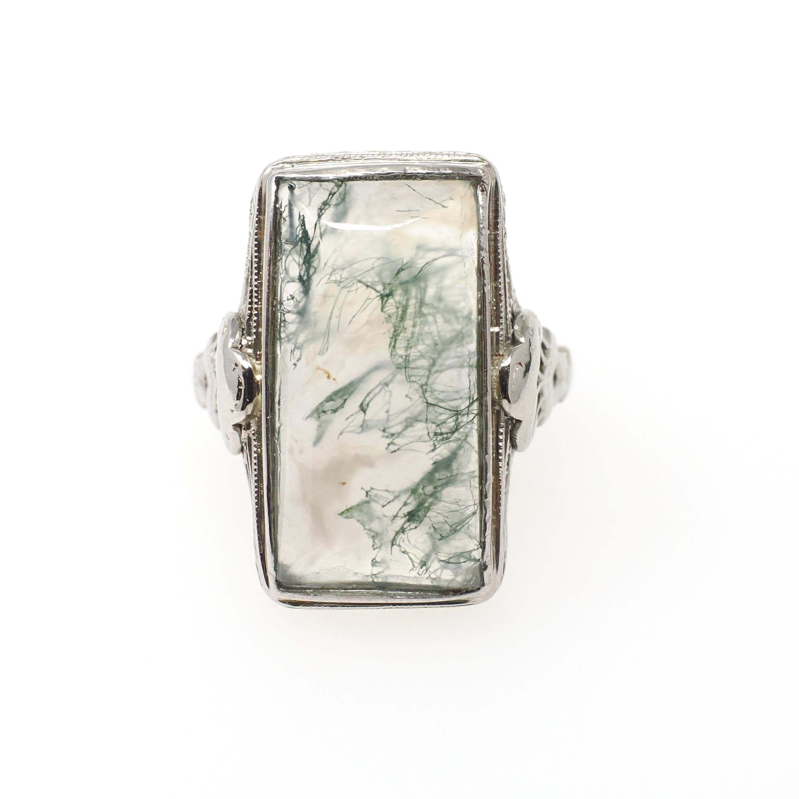Vintage Moss Agate Ring - Art Deco 14k White Gold Natural Green Clear Gemstone - Vintage 1930s Size 5 1/2 Filigree Rectangular Fine Jewelry