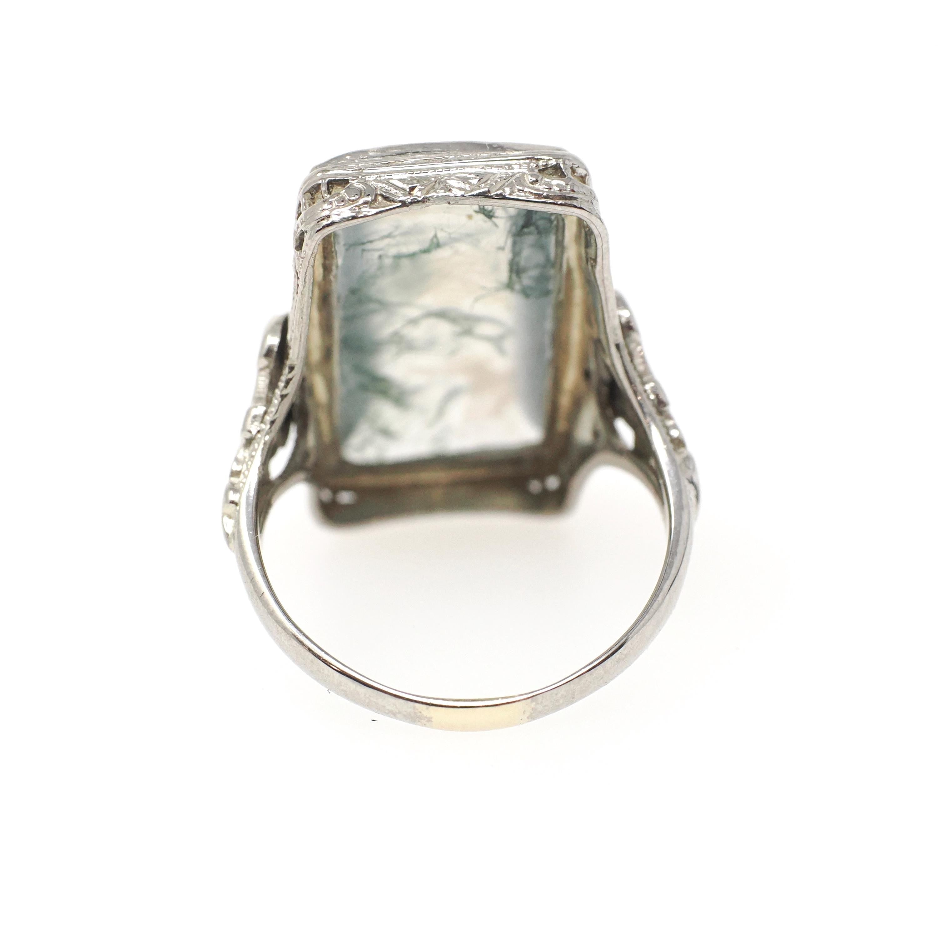 Vintage Moss Agate Ring - Art Deco 14k White Gold Natural Green Clear Gemstone - Vintage 1930s Size 5 1/2 Filigree Rectangular Fine Jewelry