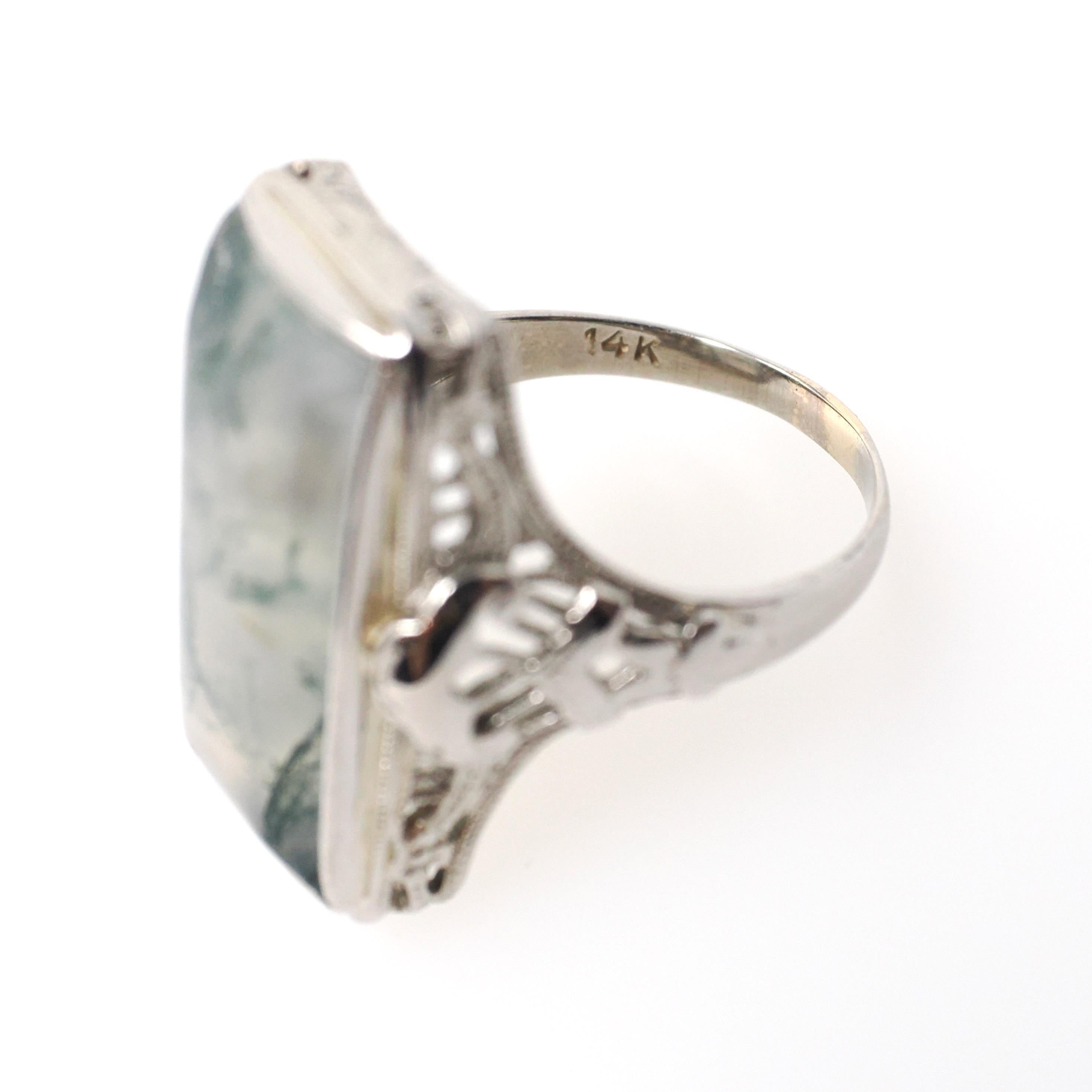 Vintage Moss Agate Ring - Art Deco 14k White Gold Natural Green Clear Gemstone - Vintage 1930s Size 5 1/2 Filigree Rectangular Fine Jewelry