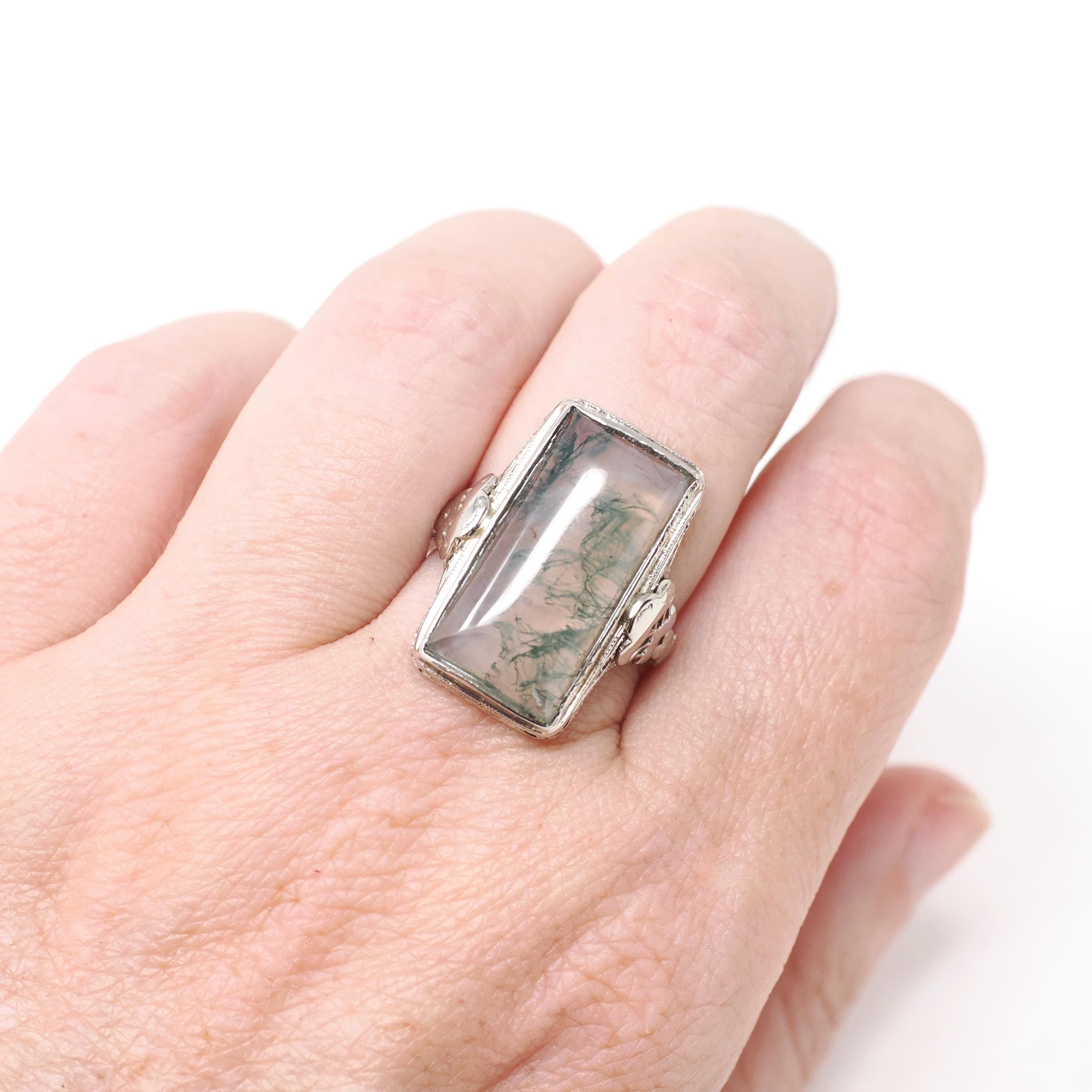 Vintage Moss Agate Ring - Art Deco 14k White Gold Natural Green Clear Gemstone - Vintage 1930s Size 5 1/2 Filigree Rectangular Fine Jewelry