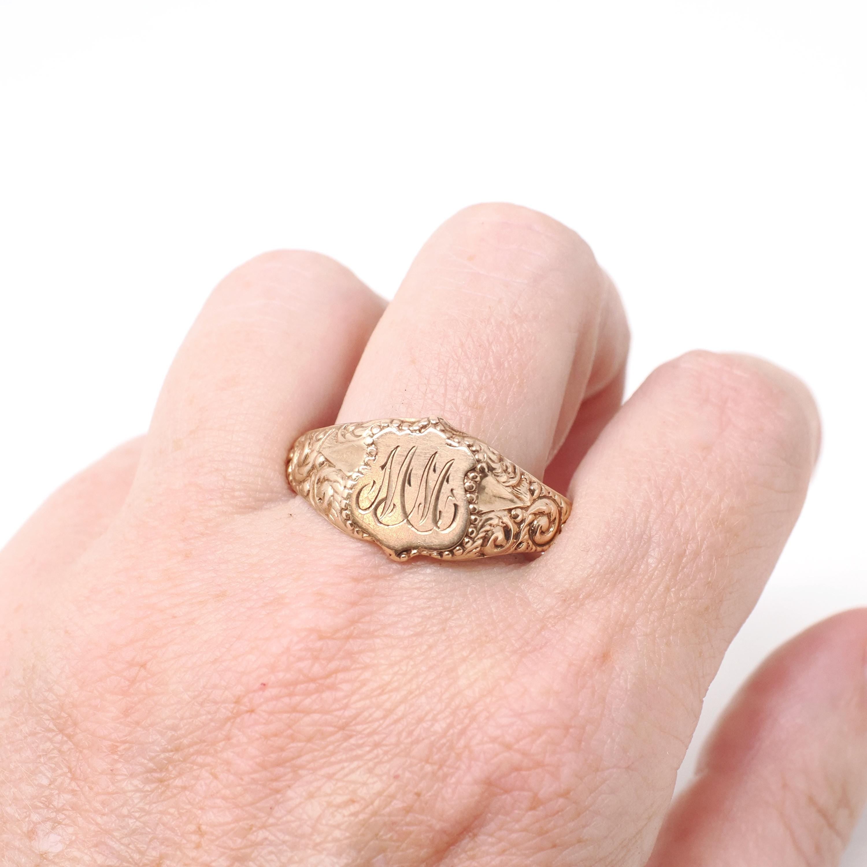 Antique Signet Ring - Vintage 10k Rosy Yellow Gold Initial Letters MM Shield Statement Men's Unisex Band - Late 1800s Size 15 Fine Jewelry