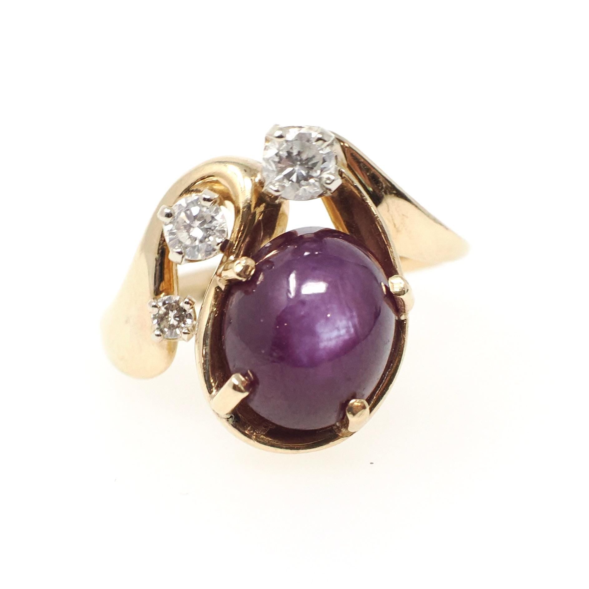 Vintage Star Ruby Ring - Modernist 14k Yellow Gold Cabochon Cut Natural Diamond Gemstones - Circa 1970s Era Size 4 Celestial Fine Jewelry