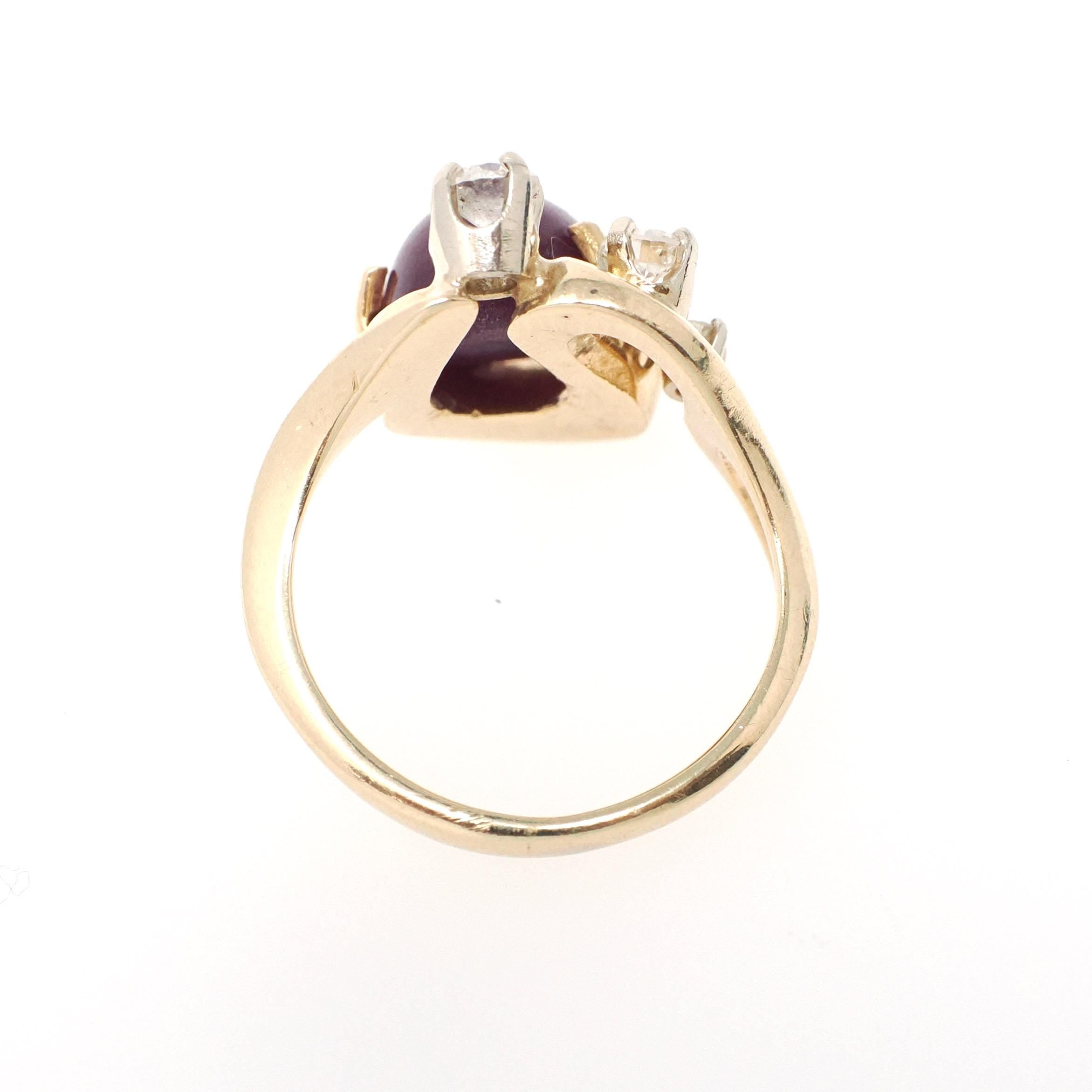Vintage Star Ruby Ring - Modernist 14k Yellow Gold Cabochon Cut Natural Diamond Gemstones - Circa 1970s Era Size 4 Celestial Fine Jewelry