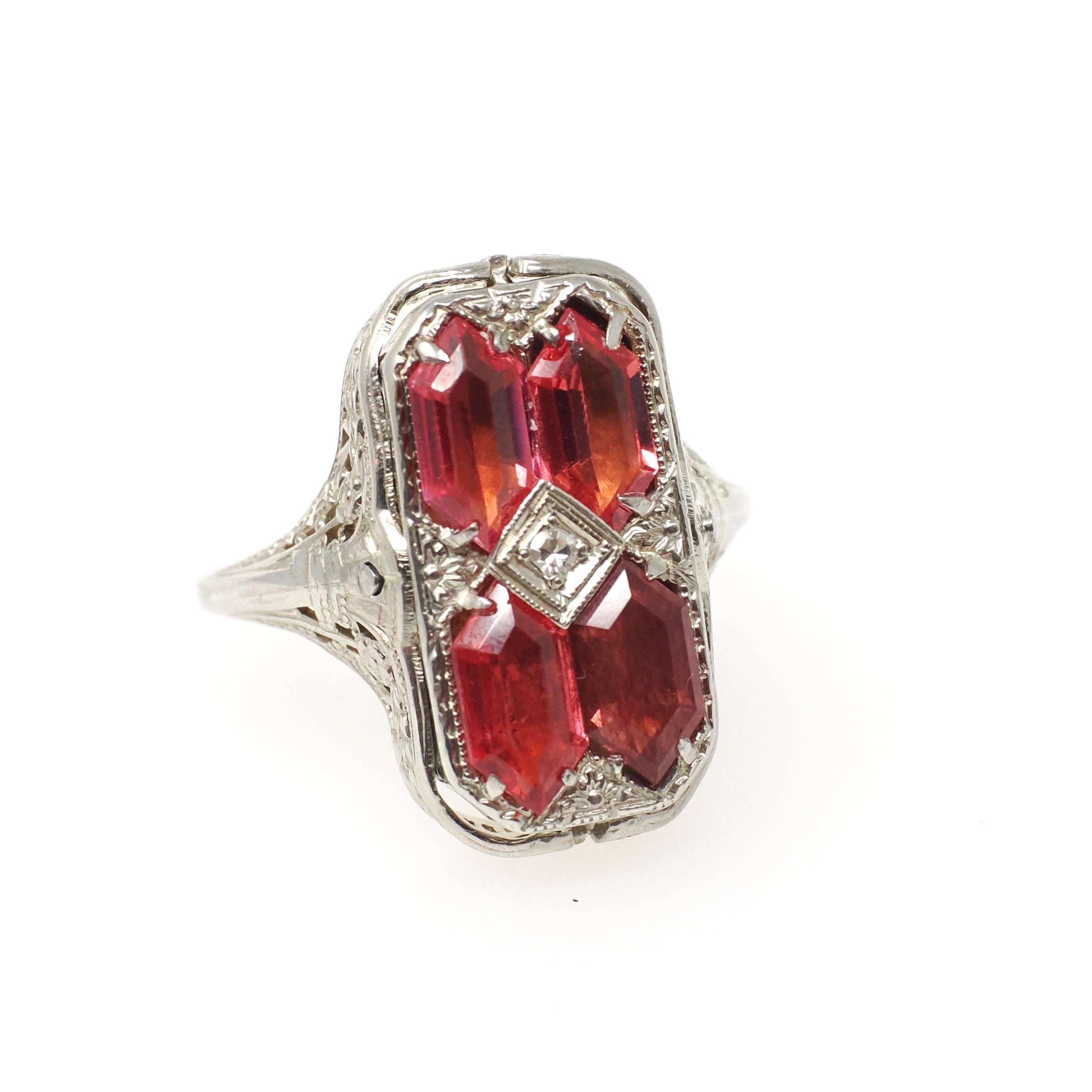 Vintage Flip Ring - Art Deco 14k White Gold Double Sided Cameo Diamond Created Pink Sapphire - Circa 1930 Size 6 3/4 Reversible Fine Jewelry