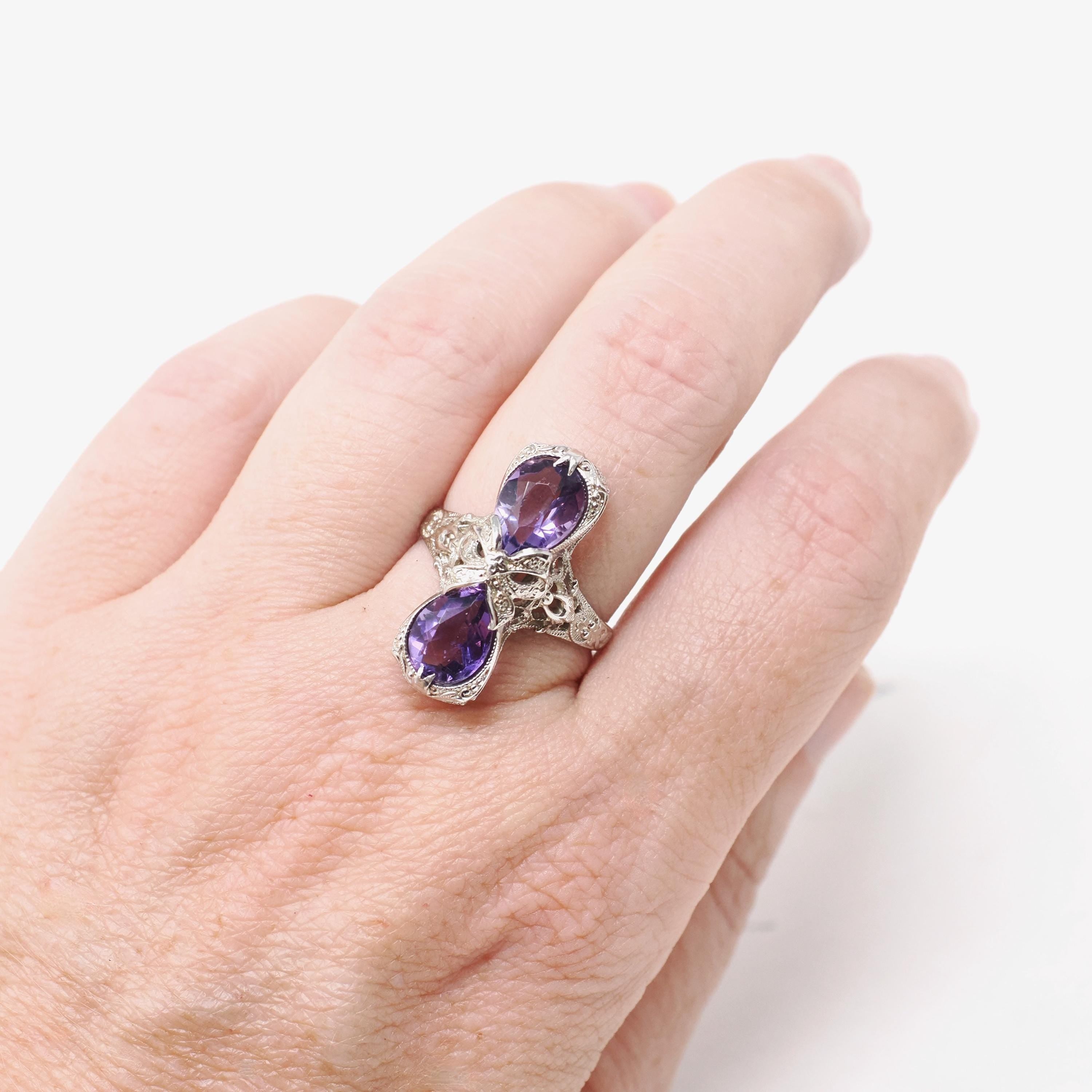 Amethyst Hourglass Ring - Art Deco Era 14k White Gold Natural Purple Pear Cut Gemstones - Vintage 1930s Size 6 1/4 Fine Bow Filigree Jewelry
