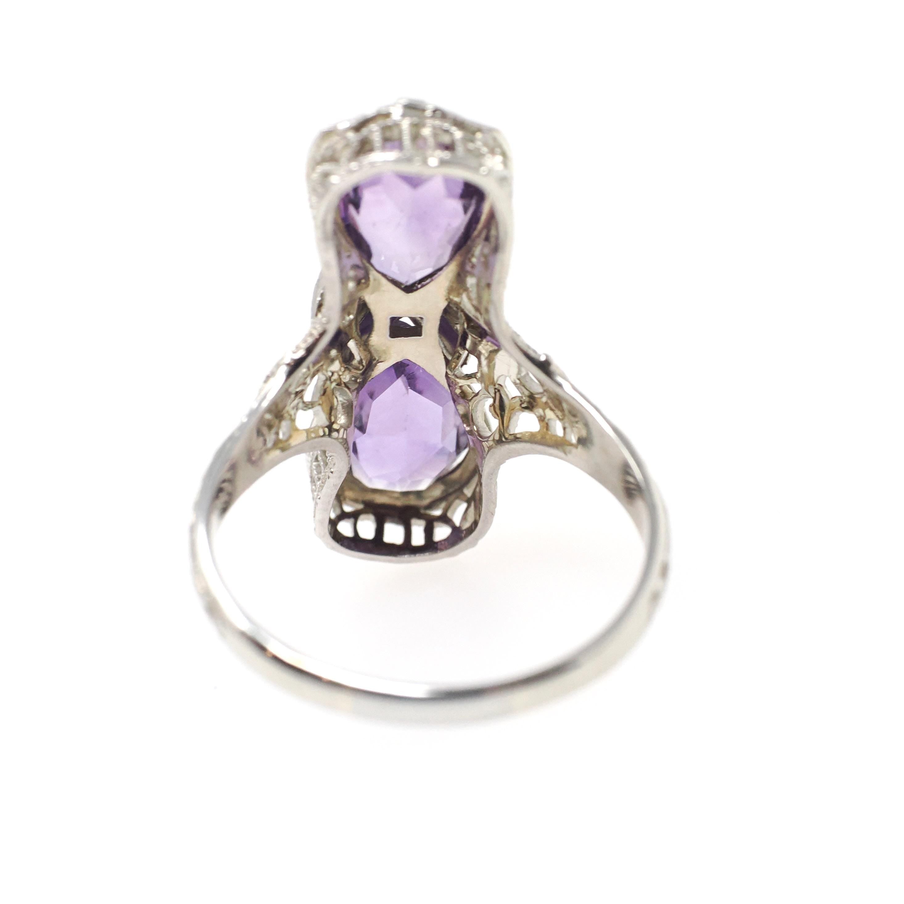 Amethyst Hourglass Ring - Art Deco Era 14k White Gold Natural Purple Pear Cut Gemstones - Vintage 1930s Size 6 1/4 Fine Bow Filigree Jewelry