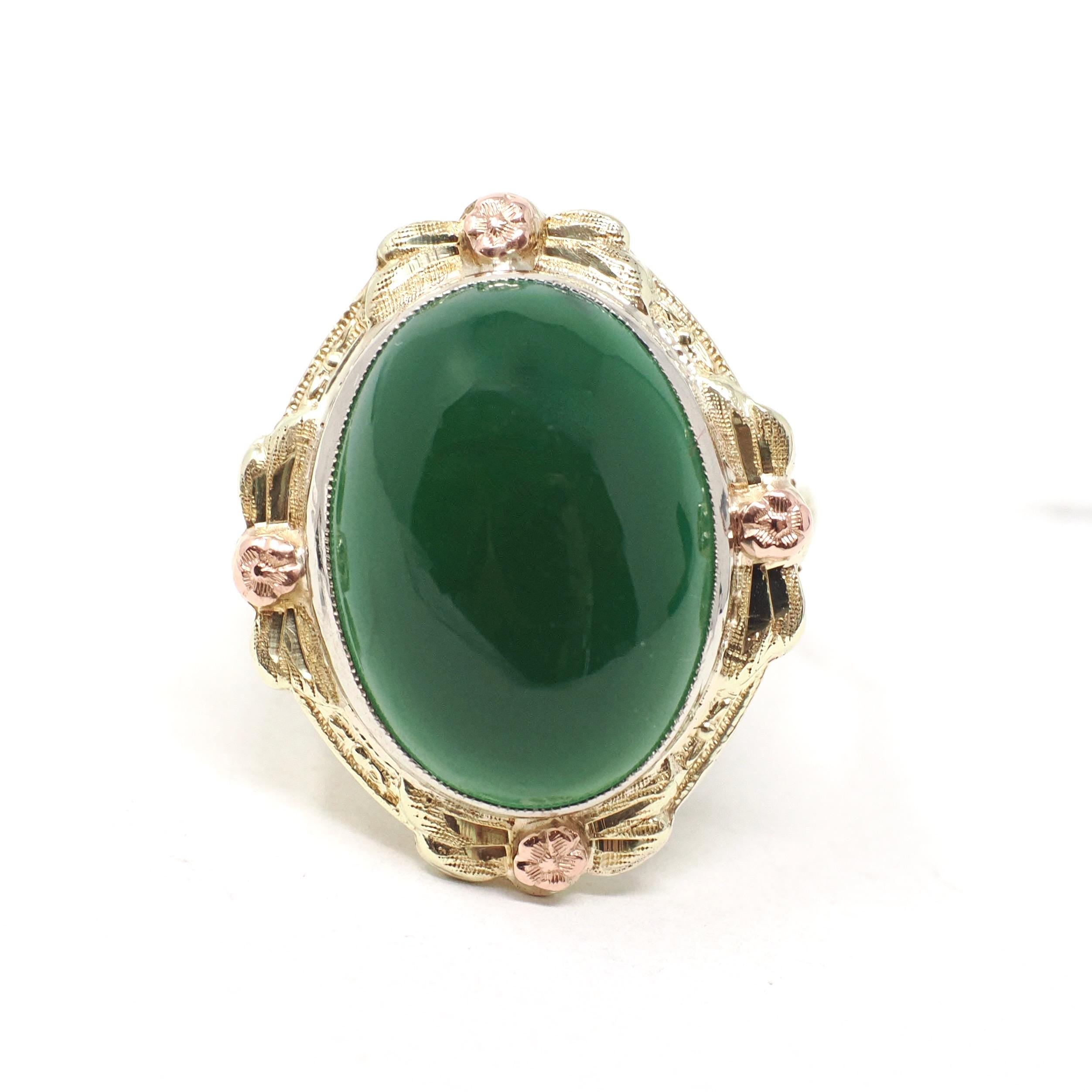 Vintage Chalcedony Ring - Mid Century 14k Yellow & Rose Gold Dyed Green Cabochon Gemstone - Circa 1940s Era Size 8 Floral Bow Fine Jewelry