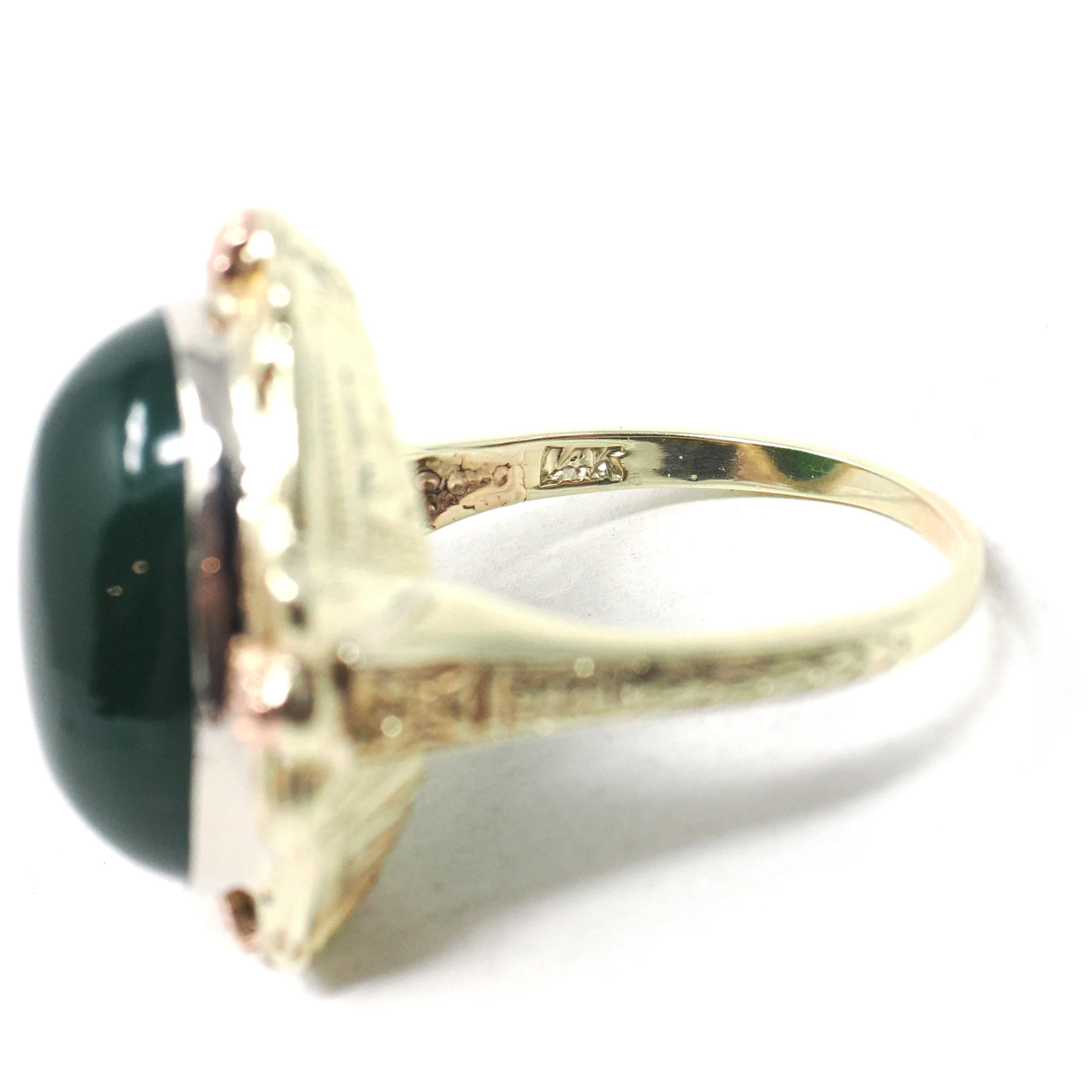 Vintage Chalcedony Ring - Mid Century 14k Yellow & Rose Gold Dyed Green Cabochon Gemstone - Circa 1940s Era Size 8 Floral Bow Fine Jewelry