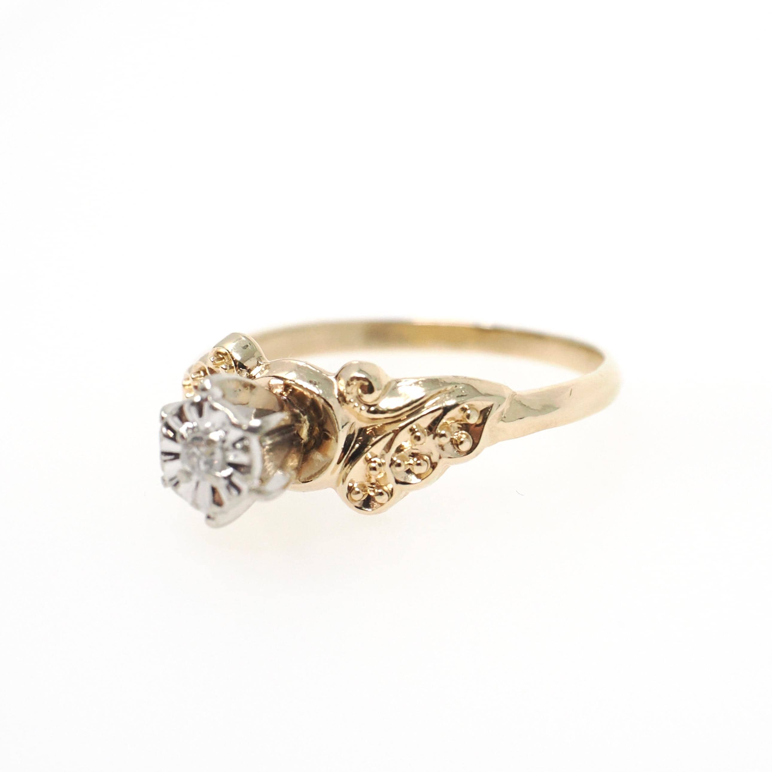 Illusion Diamond Ring - Retro 14k Yellow & 10k White Gold Natural .02 CT Solitaire Engagement - Circa 1990s Size 6 3/4 Fine Bridal Jewelry