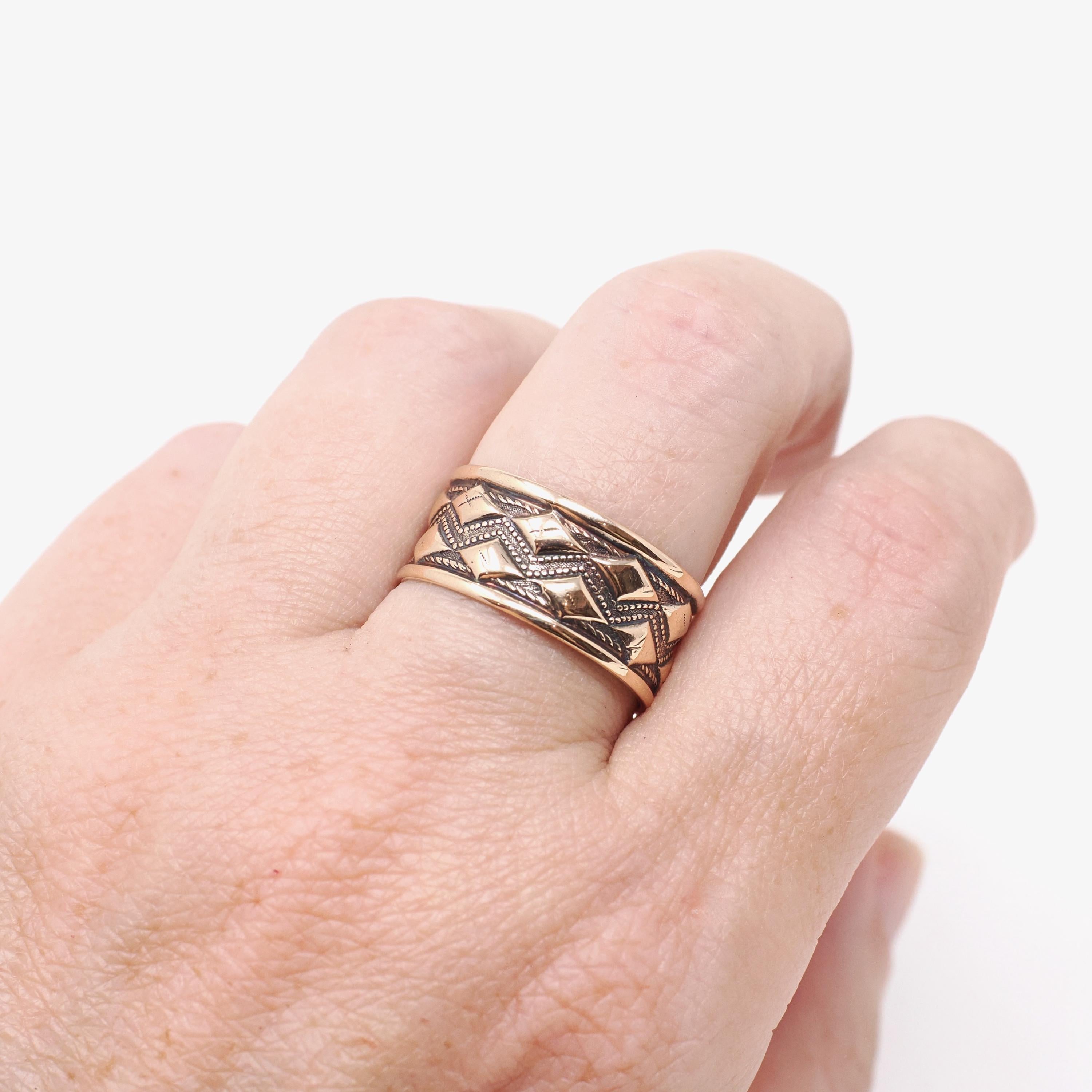 Antique Cigar Band - Edwardian 10k Rose Gold Rhombus Milgrain Designs Wide Ring - Circa 1900s Size 8 1/4 Unisex Fine Bridal Stacking Jewelry