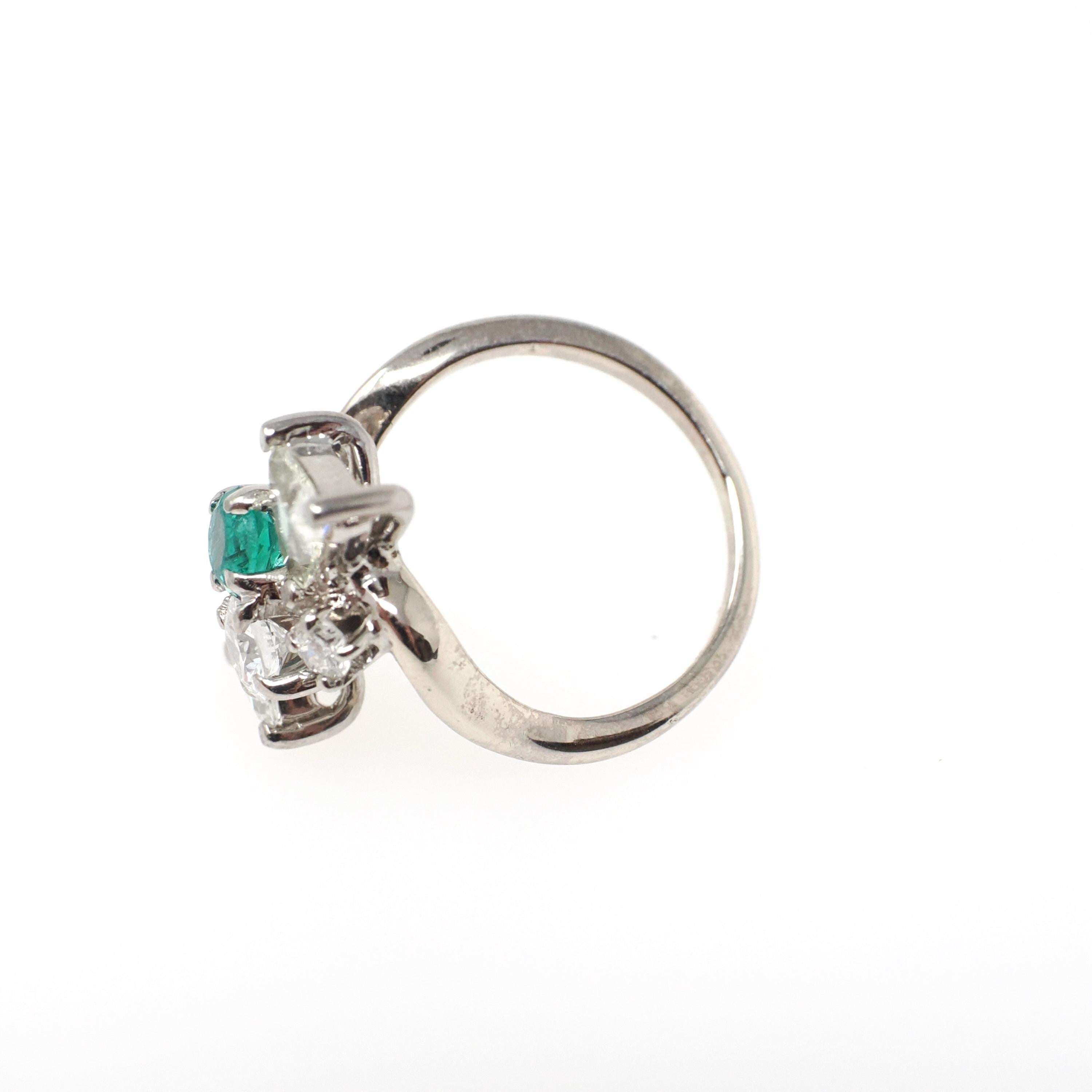 Emerald & Diamond Ring - Modern 14k White Gold Natural Emerald .98 CTW Diamonds Bypass - Circa 2000s Size 3 1/4 May Birthstone Fine Jewelry