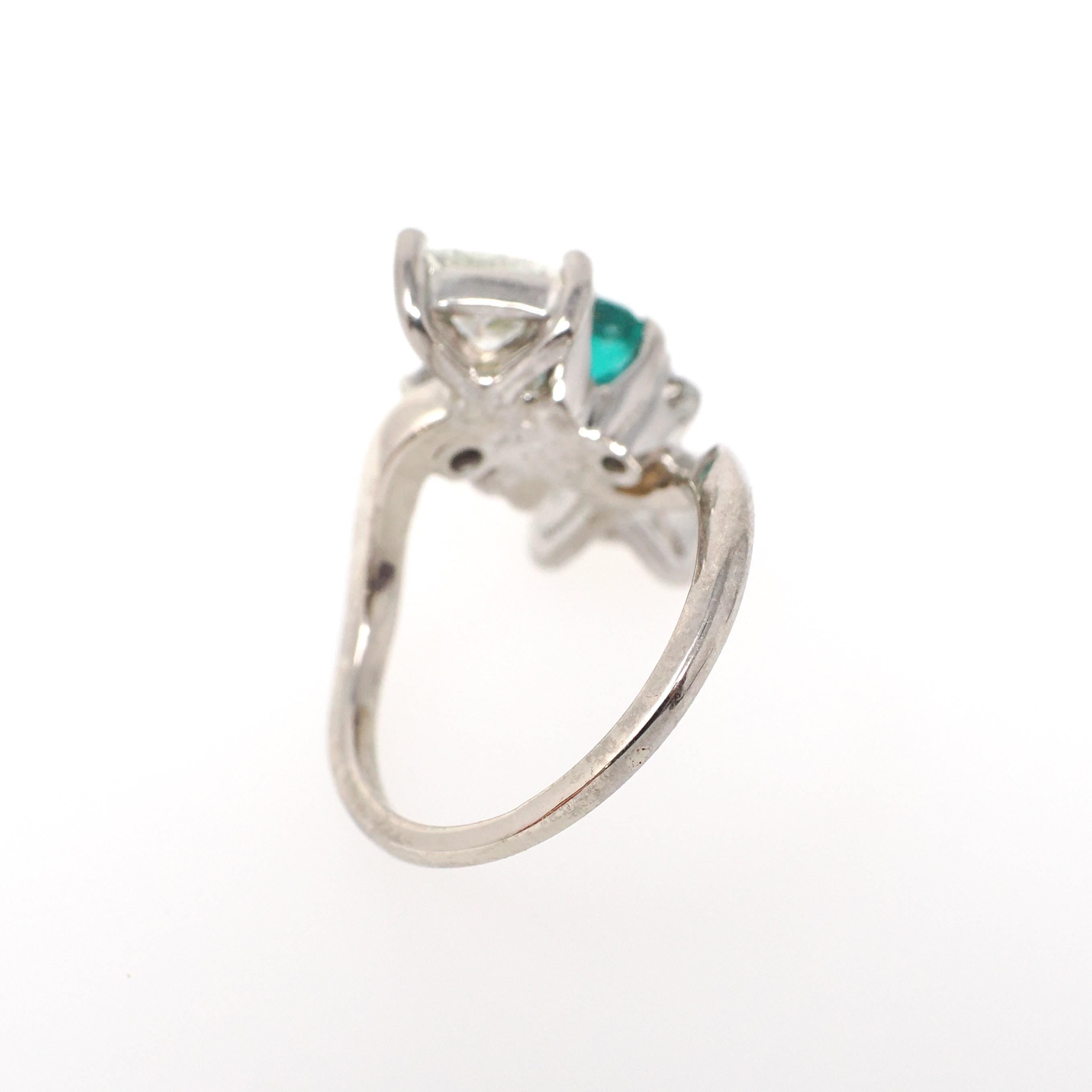 Emerald & Diamond Ring - Modern 14k White Gold Natural Emerald .98 CTW Diamonds Bypass - Circa 2000s Size 3 1/4 May Birthstone Fine Jewelry