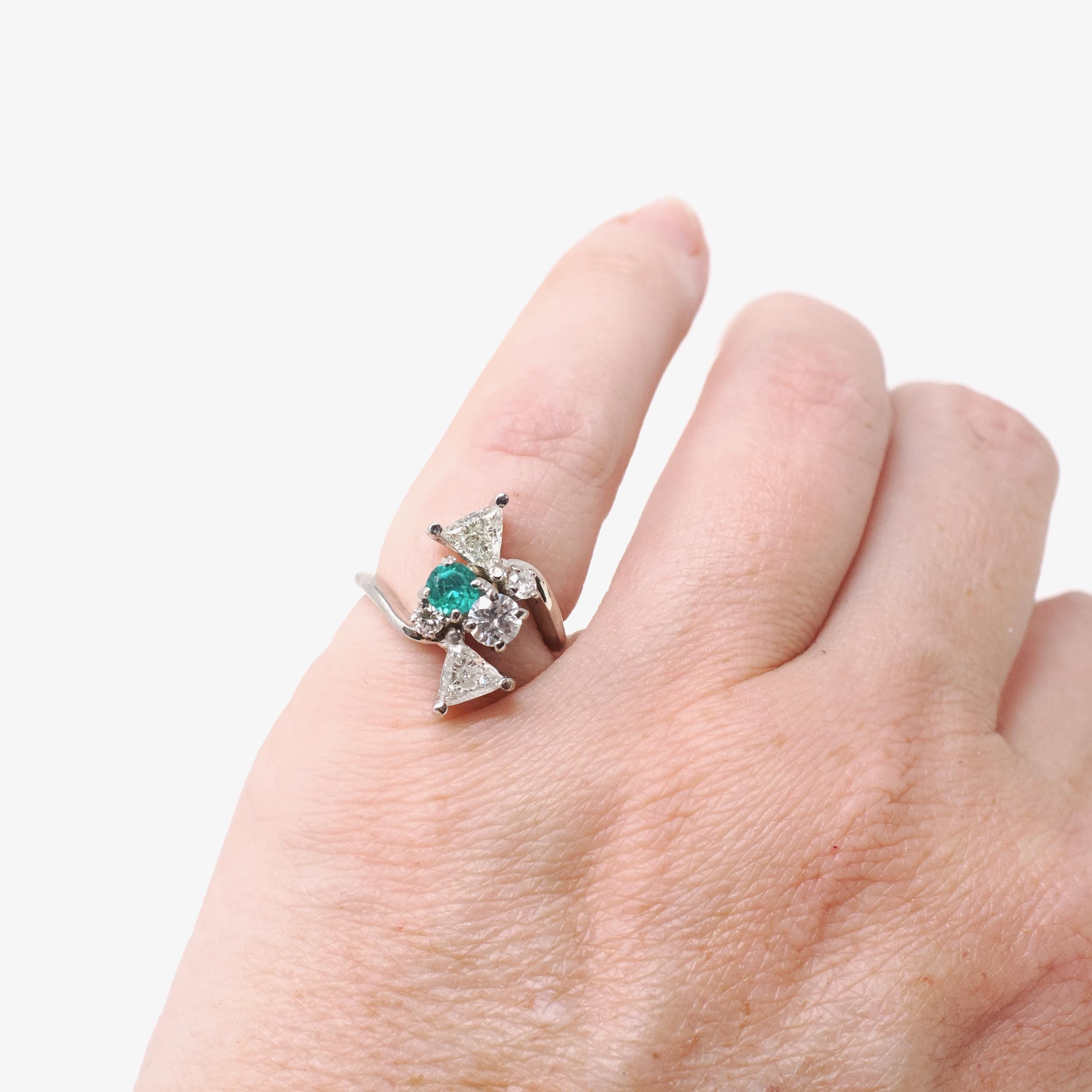 Emerald & Diamond Ring - Modern 14k White Gold Natural Emerald .98 CTW Diamonds Bypass - Circa 2000s Size 3 1/4 May Birthstone Fine Jewelry