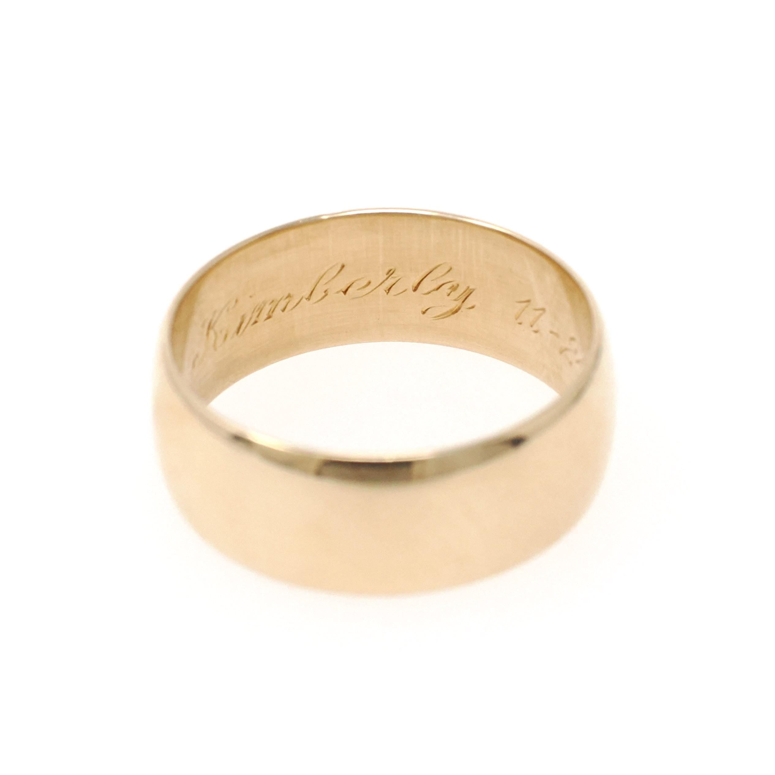 Vintage Cigar Band - Estate 14k Yellow Gold 8.4 MM Wide Ring - Circa 1980s Era Bold Bold Size 11 - Engraved "Kimberly 11-24-83" Fine Jewelry