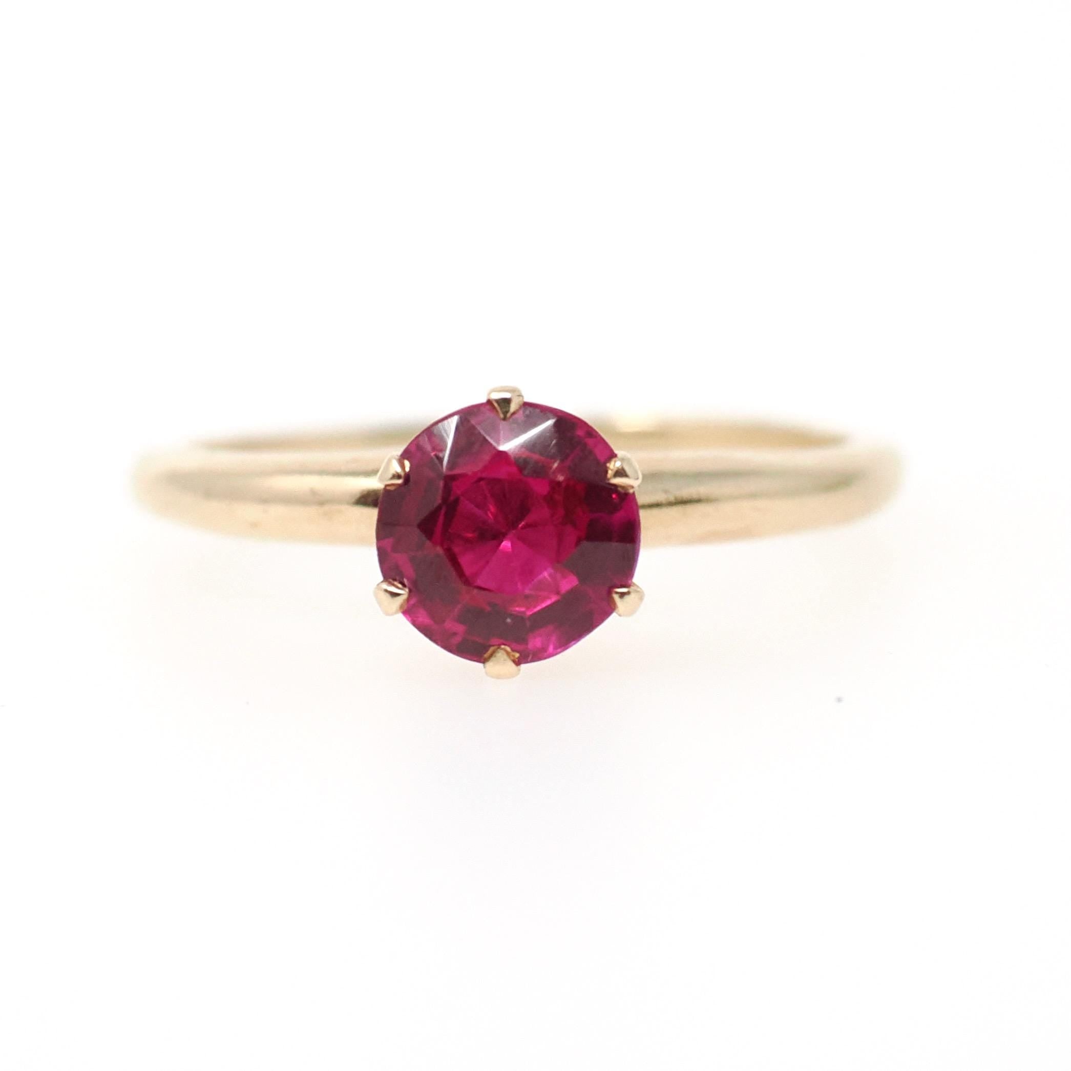 Created Ruby Ring - Mid Century 14k Yellow Gold Round Faceted .83 CT Red Pink Stone - Vintage Circa 1950s Era Size 5 3/4 Solitaire Jewelry