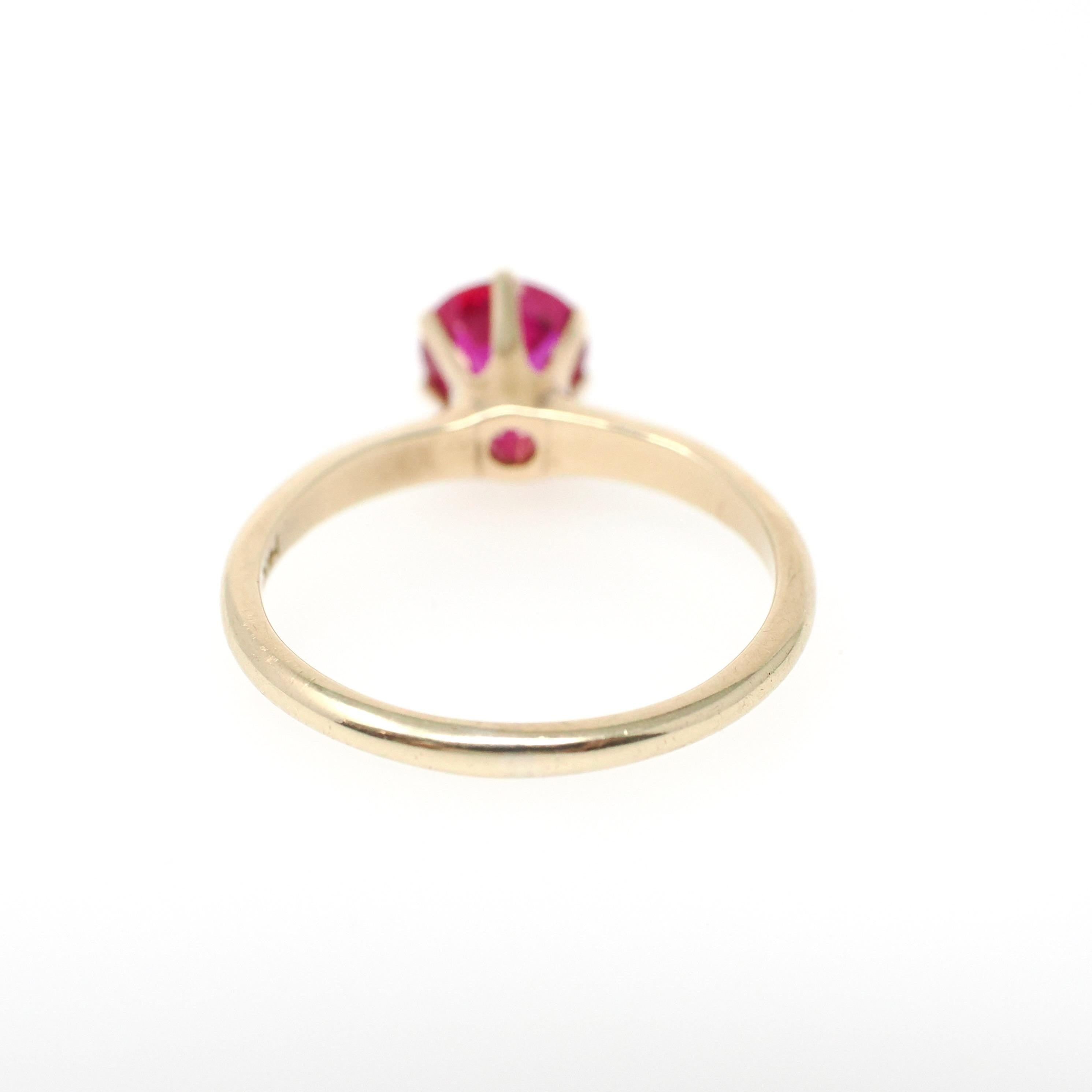 Created Ruby Ring - Mid Century 14k Yellow Gold Round Faceted .83 CT Red Pink Stone - Vintage Circa 1950s Era Size 5 3/4 Solitaire Jewelry