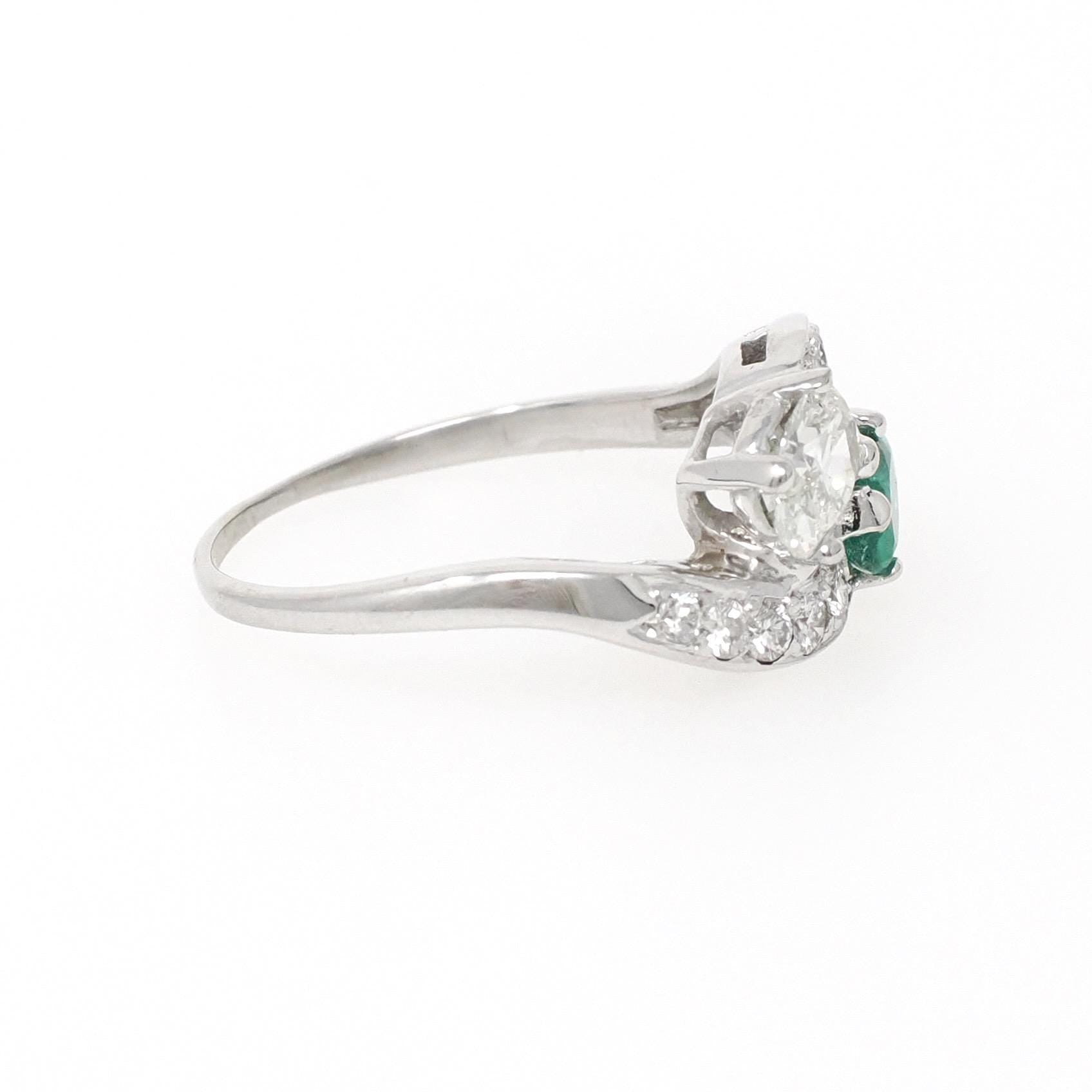 Vintage Toi Et Moi Ring - Mid Century 14k White Gold Natural Green Emerald & Diamond - Circa 1950s Size 8 1/4 Bypass Engagement Fine Jewelry