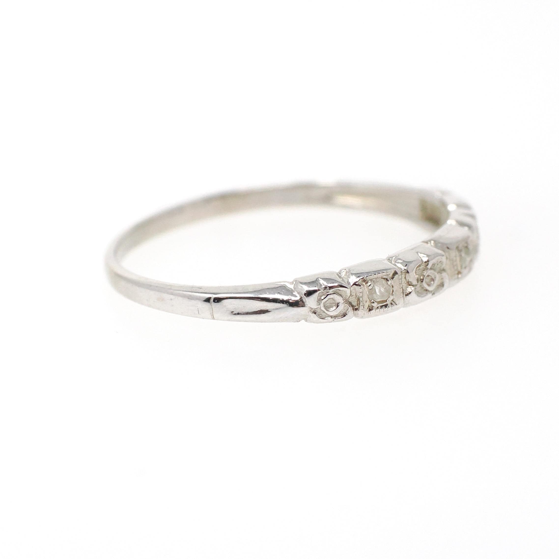Diamond Wedding Band - Vintage 14k White Gold Natural .03 CTW Ring - Mid Century Circa 1950s Era Size 7 1/2 Stacking Fine Bridal Jewelry