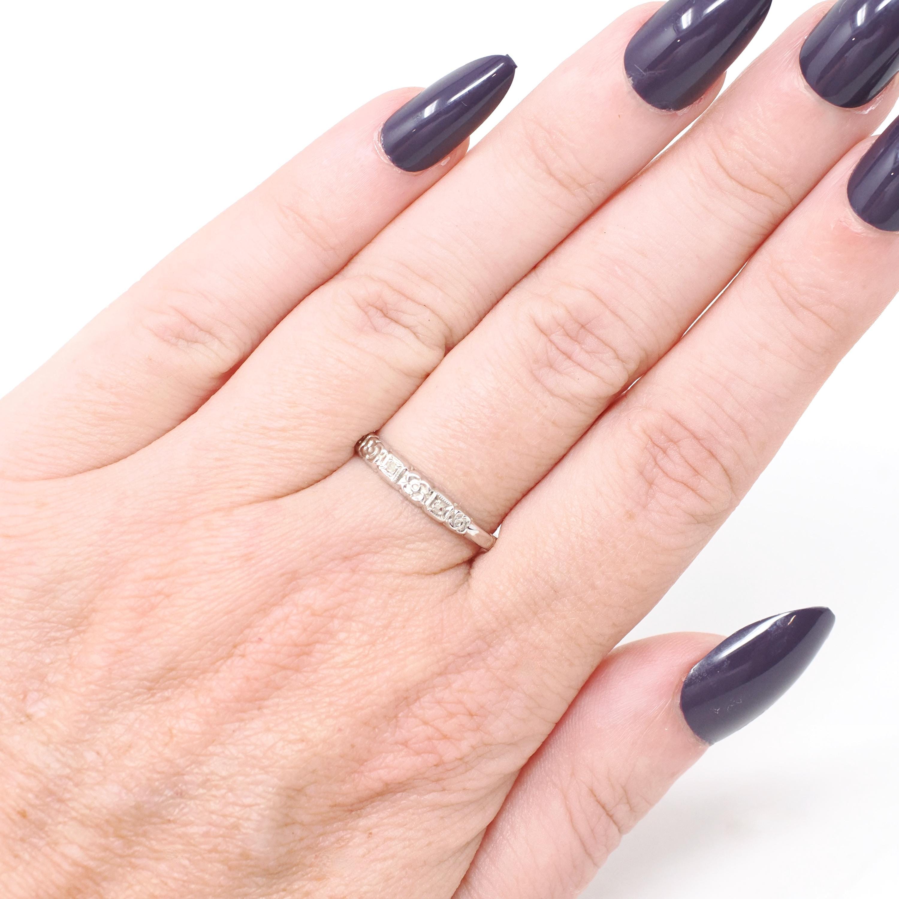 Diamond Wedding Band - Vintage 14k White Gold Natural .03 CTW Ring - Mid Century Circa 1950s Era Size 7 1/2 Stacking Fine Bridal Jewelry