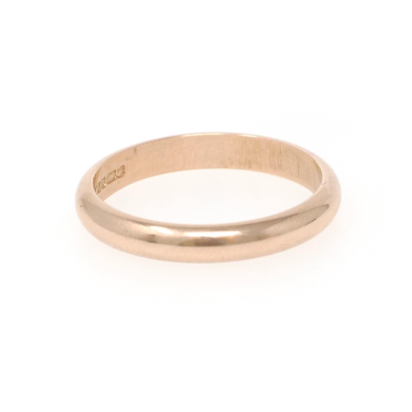 Gold Wedding Band - Vintage 9k Rose Gold 3.1 MM Half Round Ring - Sheffield England Circa 1990s Era Size 7 1/2 Unisex Fine Bridal Jewelry