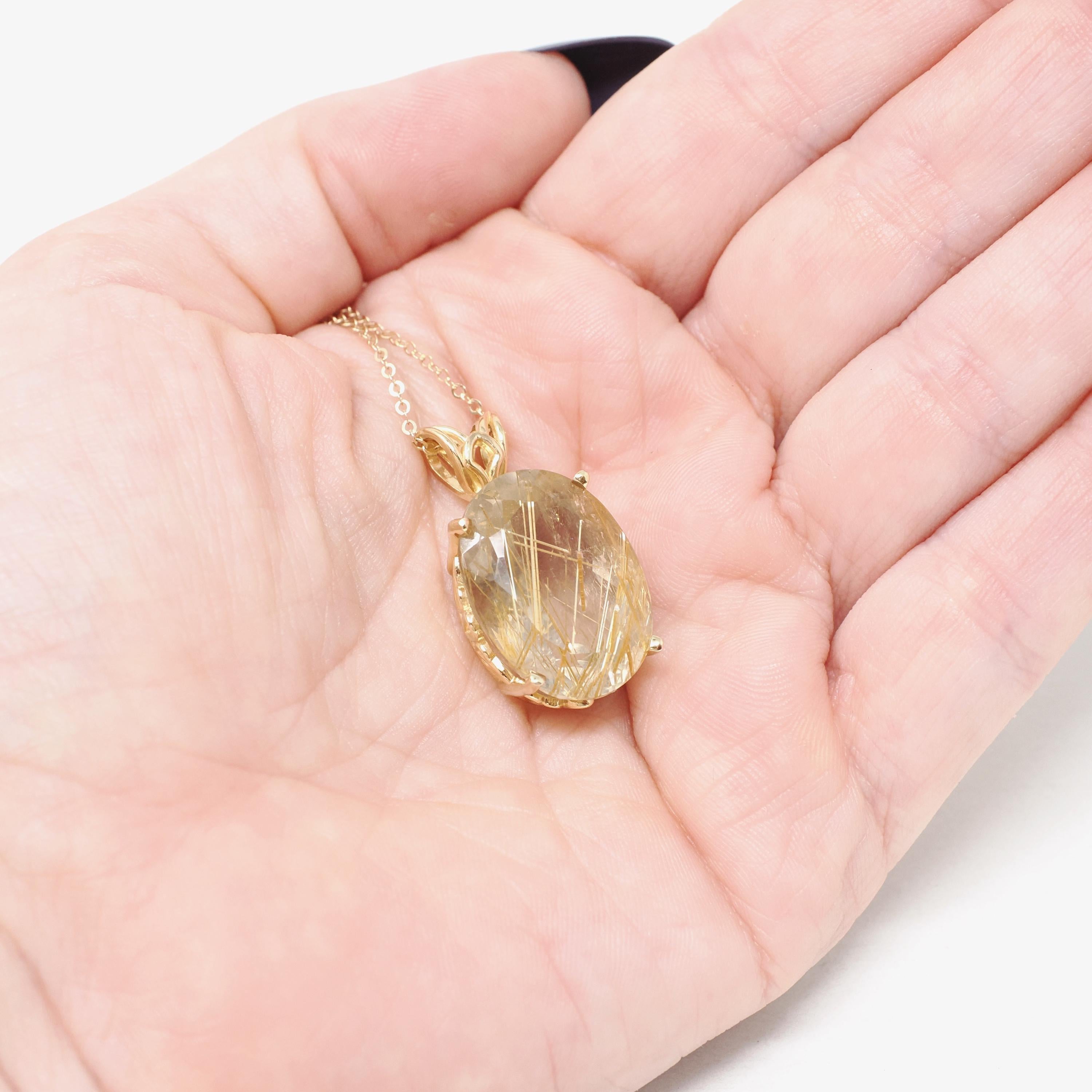 Rutilated Quartz Necklace - Modern Estate 14k Yellow Gold Natural Gemstone Floral Pendant Charm - Circa 2000s Fine Venus Hair Stone Jewelry